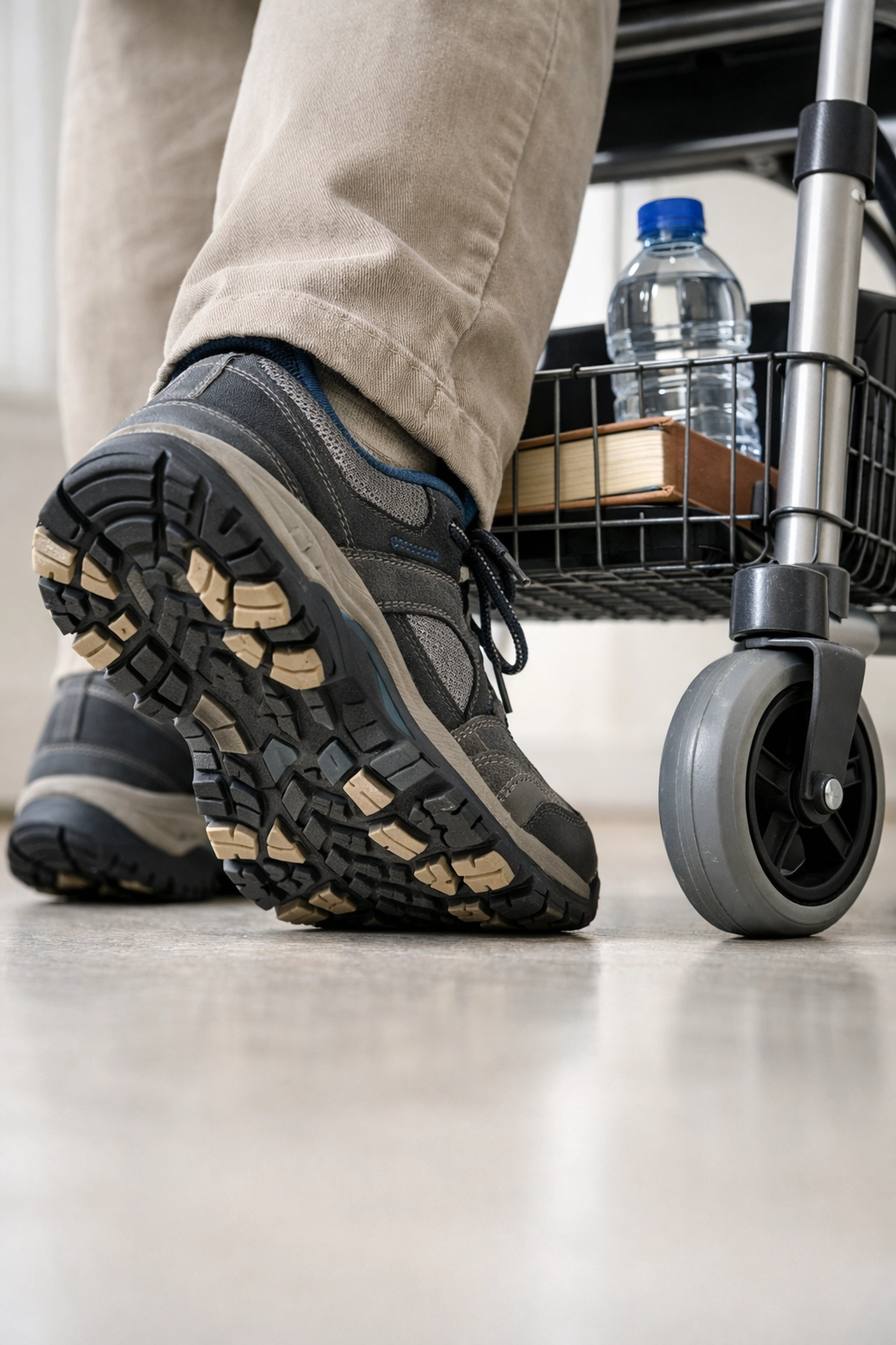Close-up of non-slip walking shoes and an organized storage basket on a stable walker.