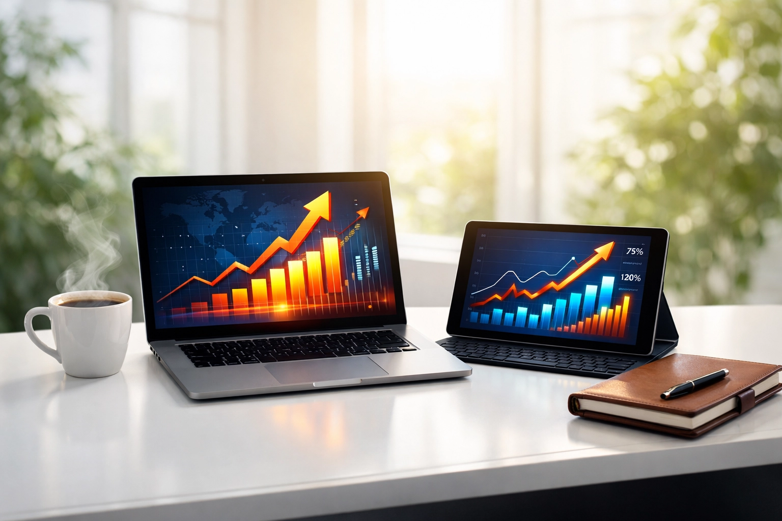 Executive workspace displaying marketing ROI and growth analytics following a Super Bowl branding campaign.