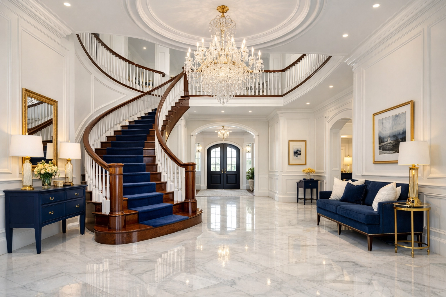 Grand Dover estate entryway with spotless marble floors from a residential cleaning Massachusetts service.