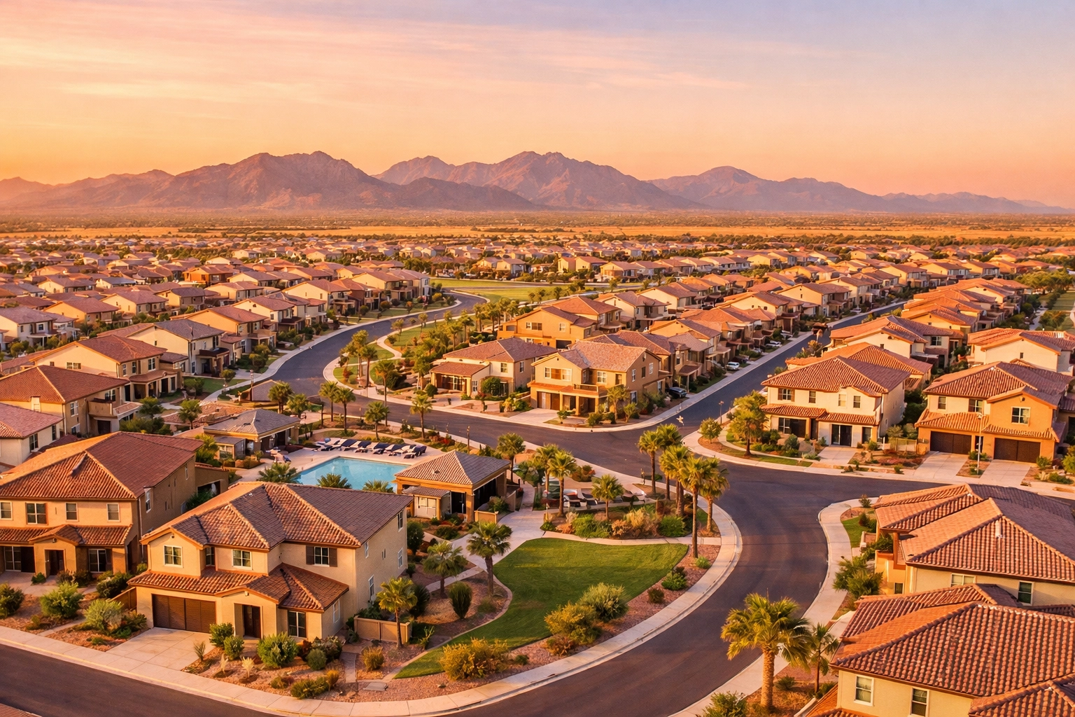 Aerial view of new homes in West Valley Goodyear Buckeye master-planned community at sunset