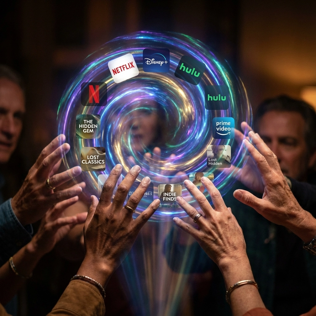 Hands reach towards a holographic spiral with streaming logos like Netflix and Hulu. Text includes "THE HIDDEN GEM" and "INDIE FINDS."