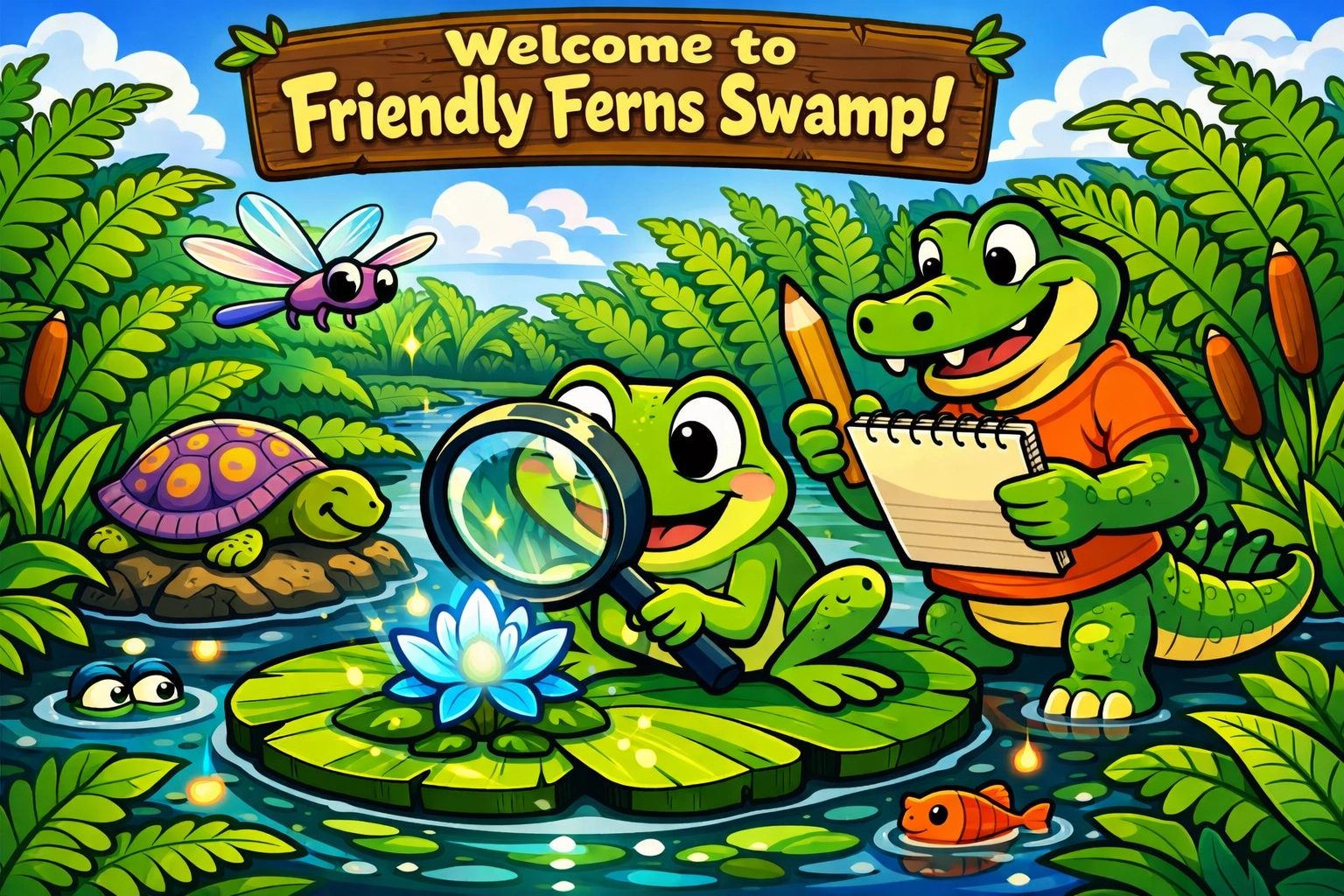 Cartoon swamp animals using tools to explore, showing how children with invisible disabilities learn differently.