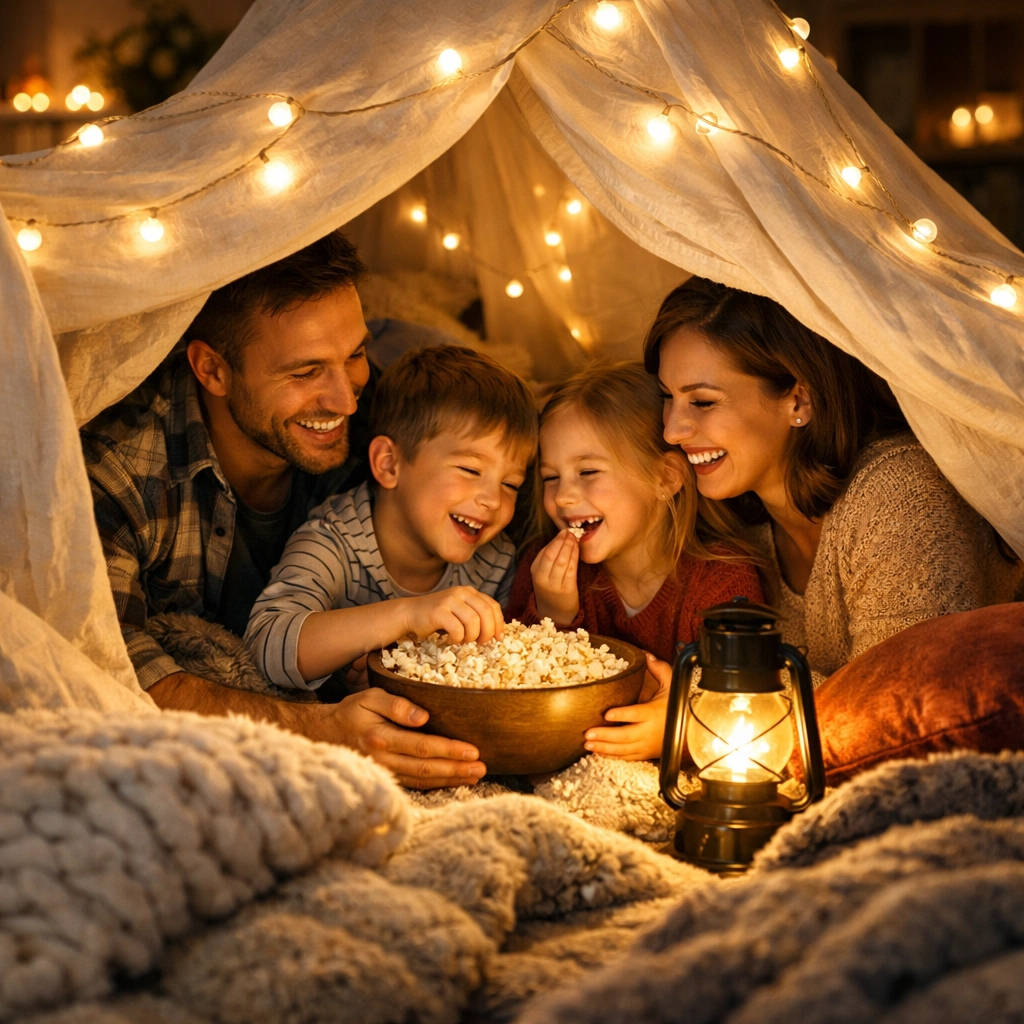 Fun indoor family activity featuring a cozy blanket fort campout in the living room.