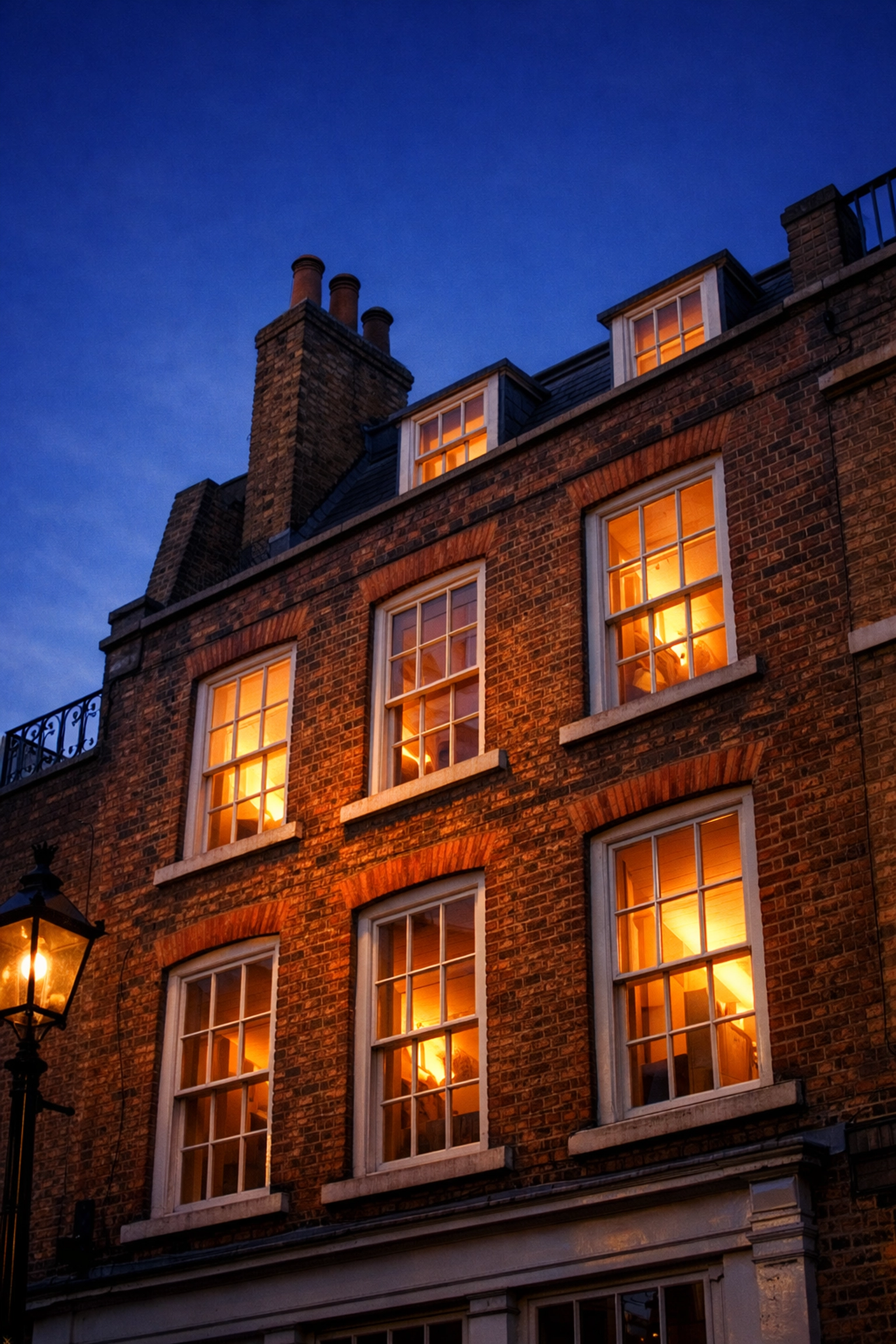 Historic Georgian townhouse with original sash windows, suitable for secondary glazing in listed buildings.