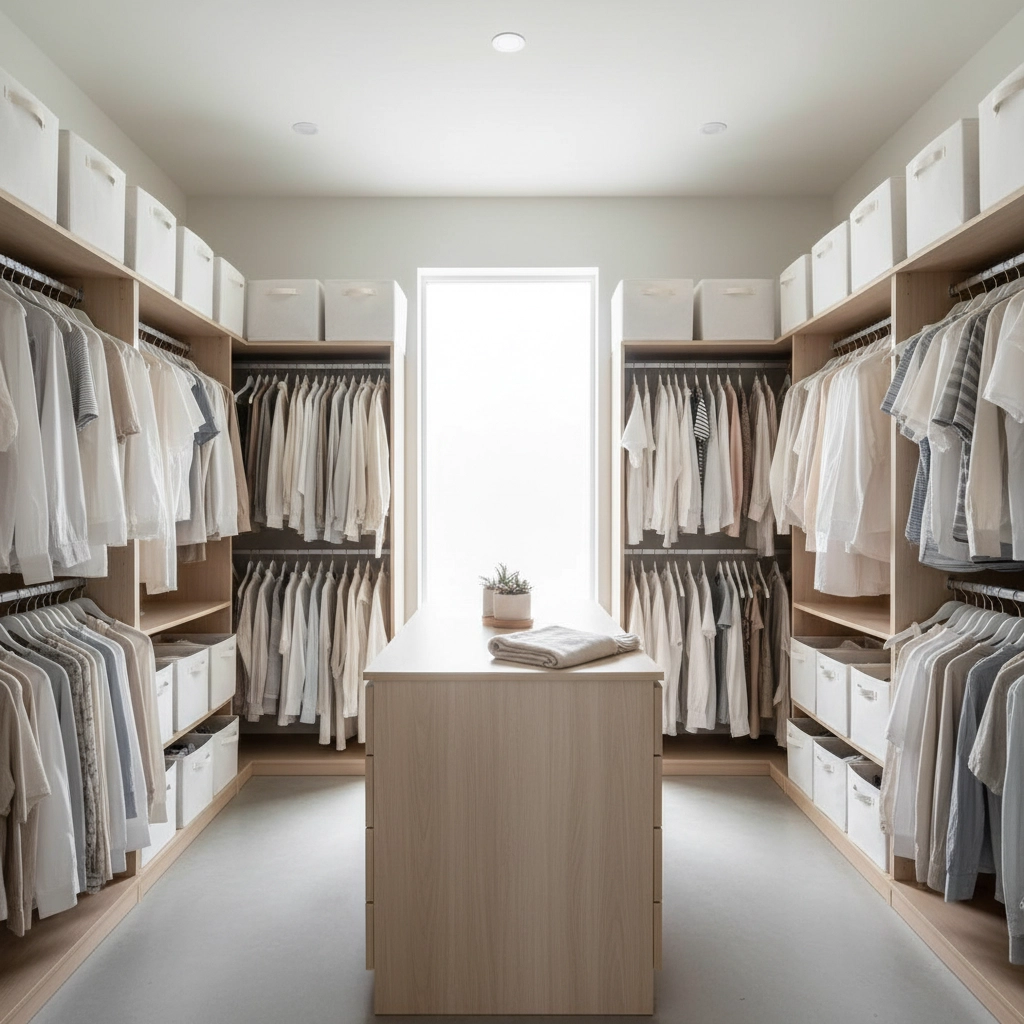 Organized closet with matching storage bins showing spacious storage in a Richmond VA home