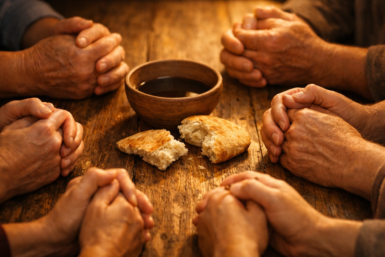Folded hands and bread on a table, symbolizing the unity of a Christian home prayer meeting and house-to-house worship.