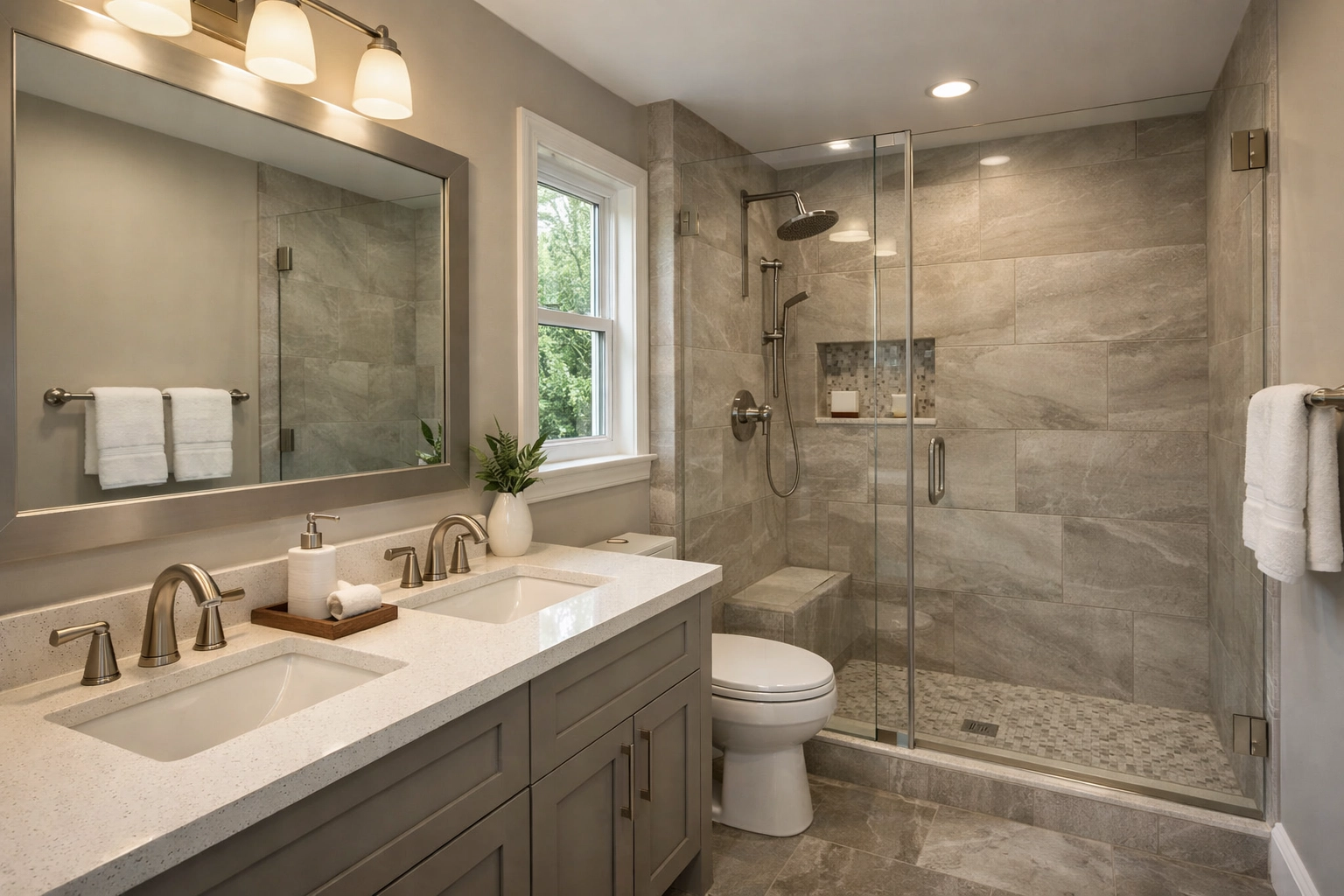 Modern mid-range bathroom renovation Orlando with quartz countertops and walk-in shower