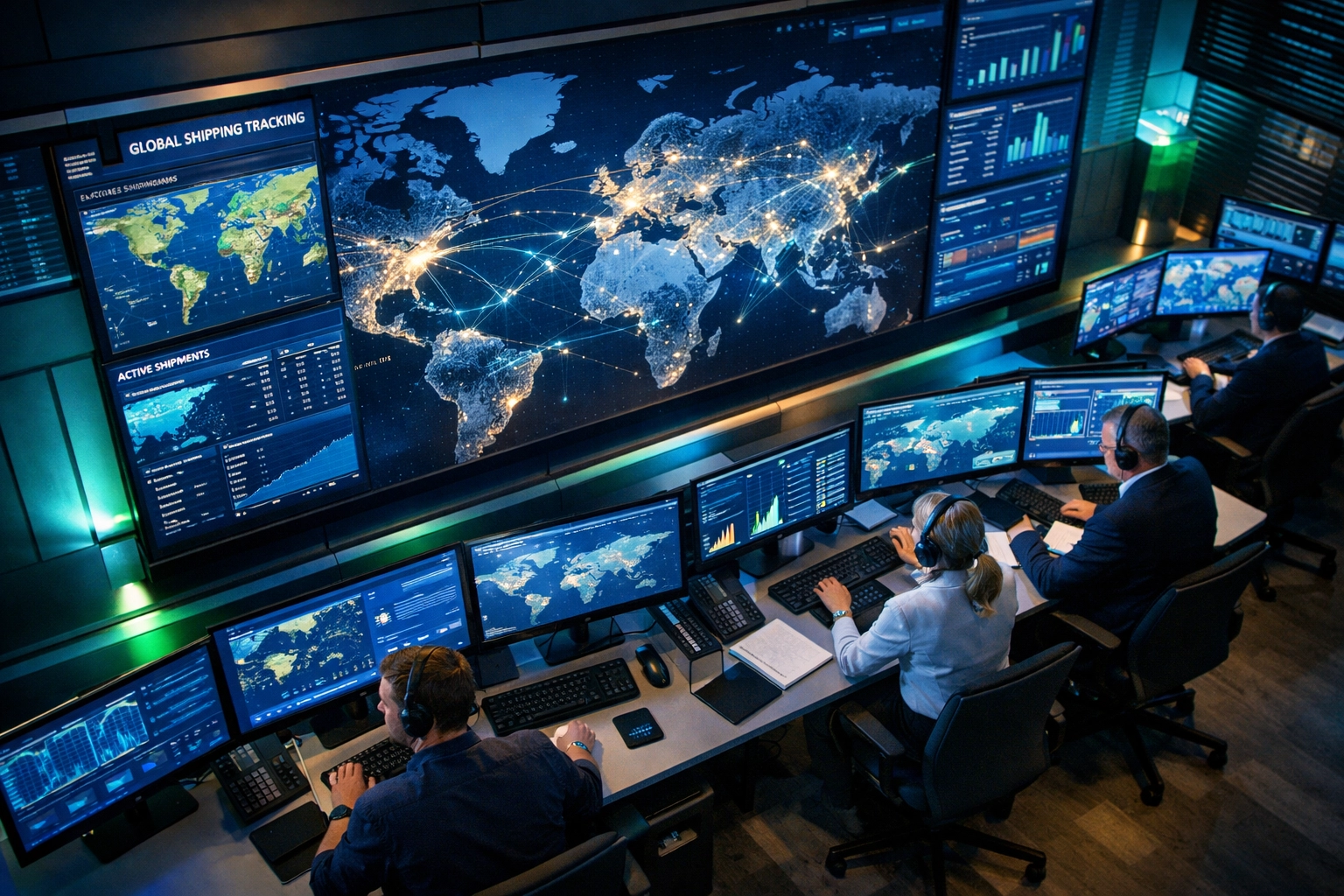 Global logistics control center with real-time tracking displays and route monitoring