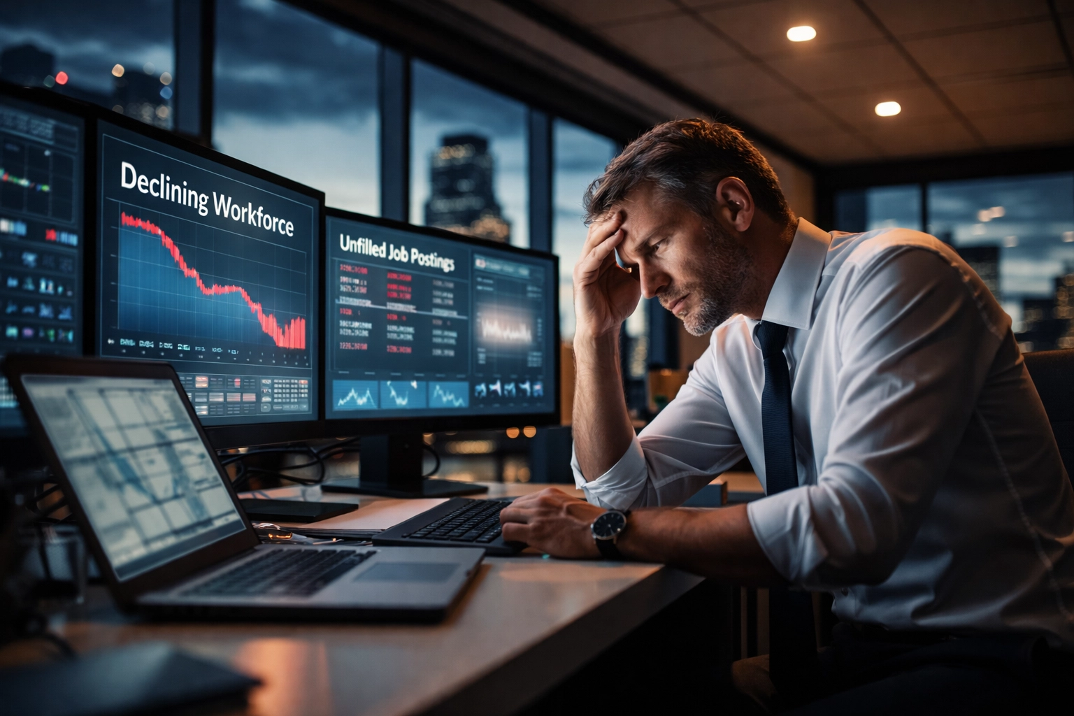 Corporate executive analyzes workforce analytics and unfilled jobs, highlighting the STEM talent gap crisis.