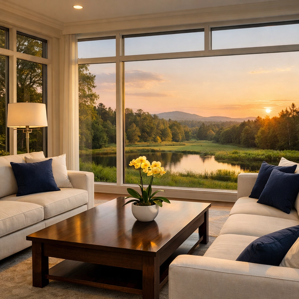 Impeccably clean and organized living room in Stow MA showing professional residential cleaning results.