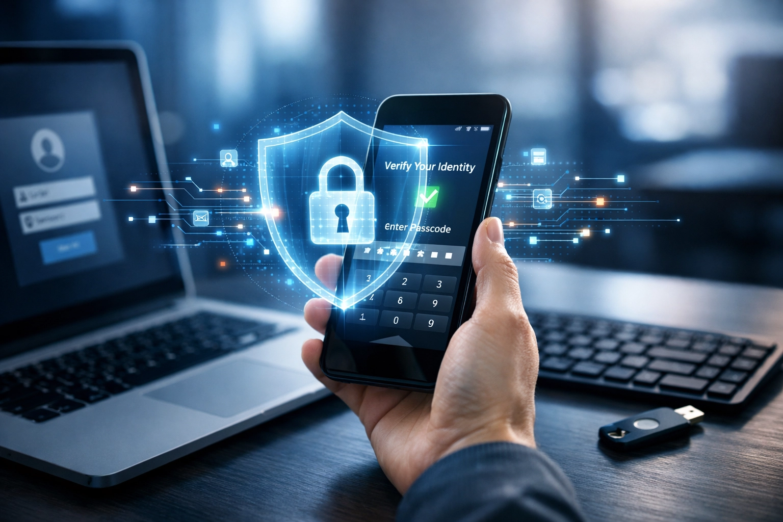 Multi-factor authentication (MFA) on a mobile device protecting sensitive tax data at a business workstation.