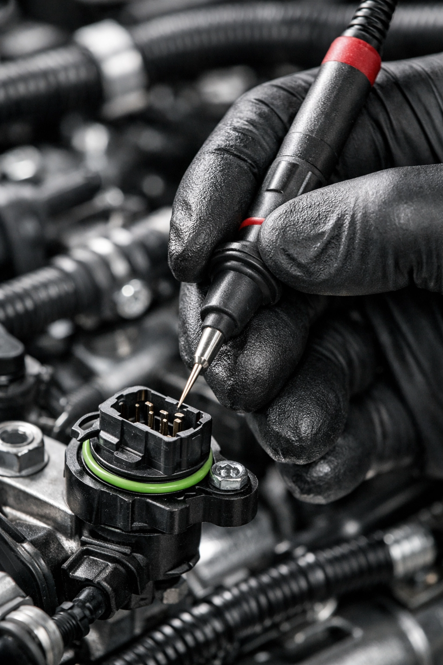 Technician performing a check engine light diagnosis on an engine sensor for precise auto repair in Bonne Terre.