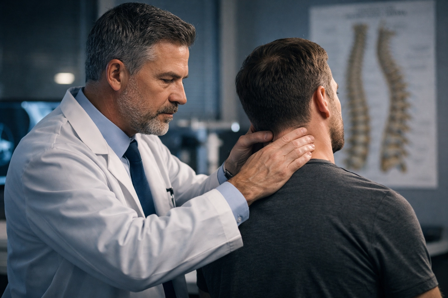 Houston doctor examining a patient for whiplash injuries after a car accident to support a personal injury claim.