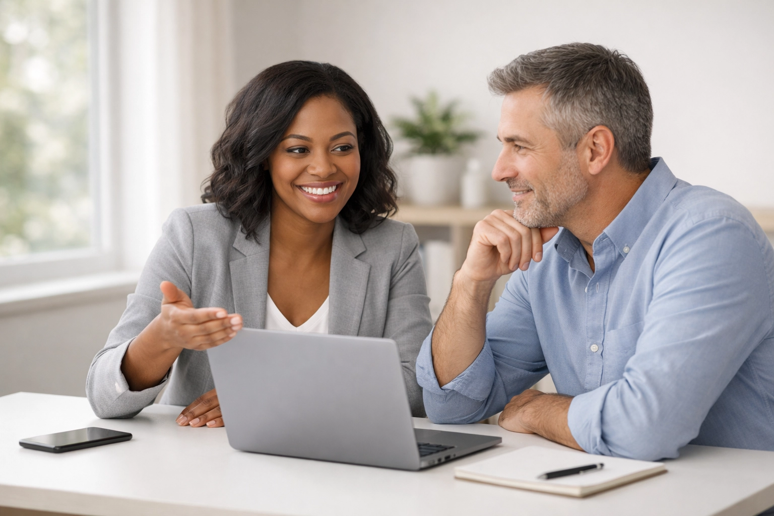 Two people collaborating at a laptop, illustrating professional bookkeeping for small businesses and personal support.