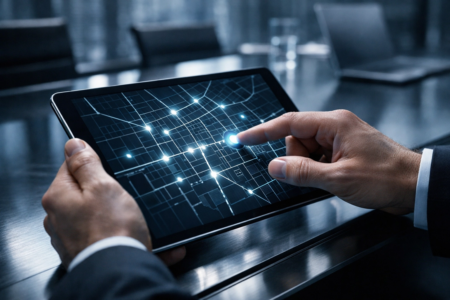 A professional using a tablet map to ensure local business location and NAP consistency.