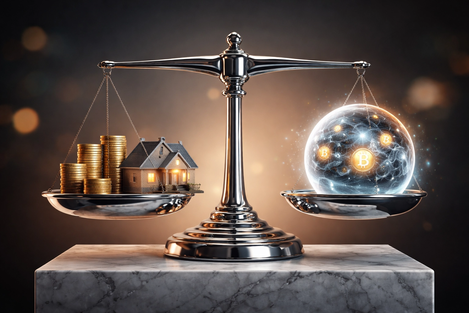 Balanced scale representing harmony between traditional assets like real estate and gold with digital cryptocurrencies.