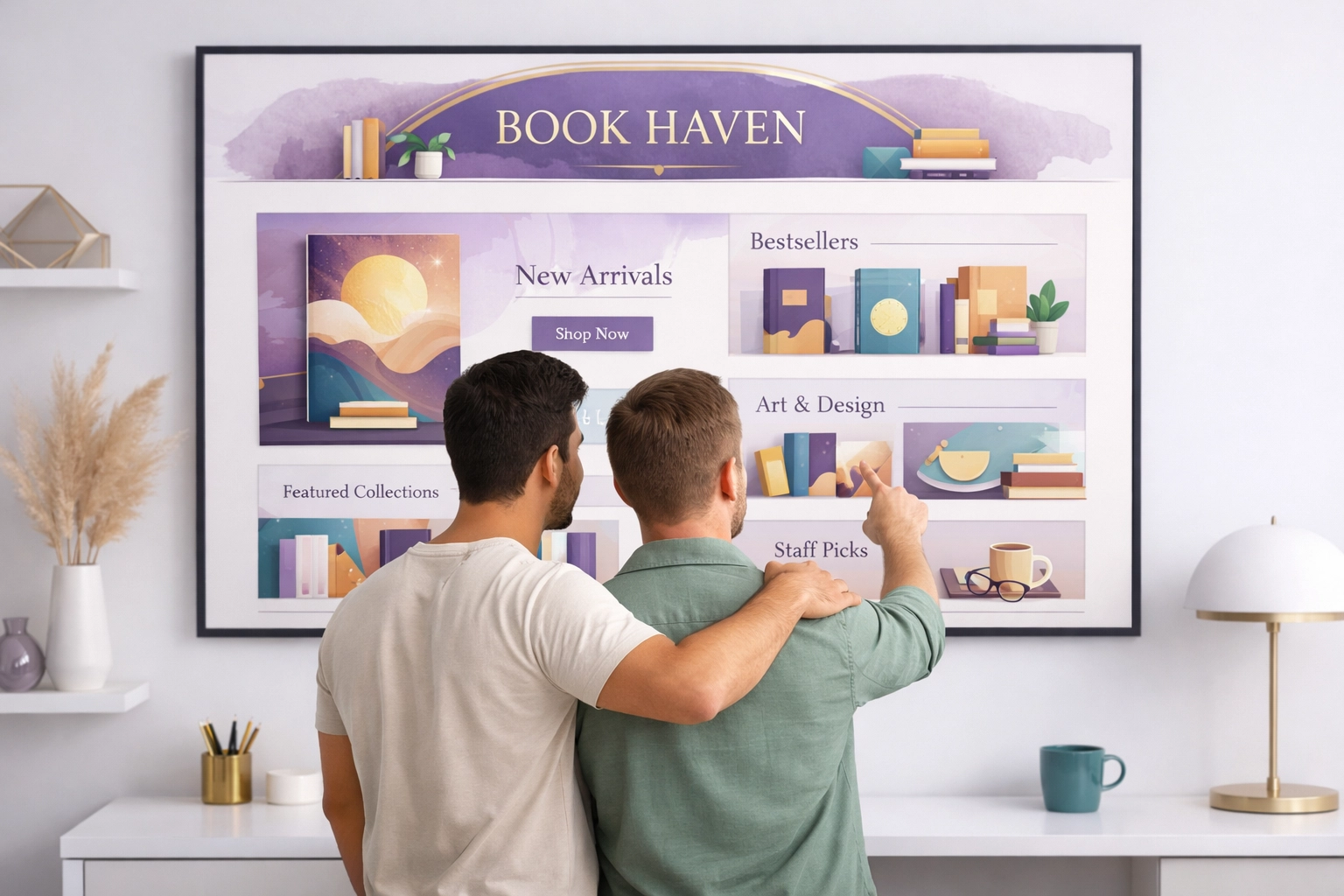 Two men collaborating on their professional LGBTQ+ bookstore storefront design in a creative studio.