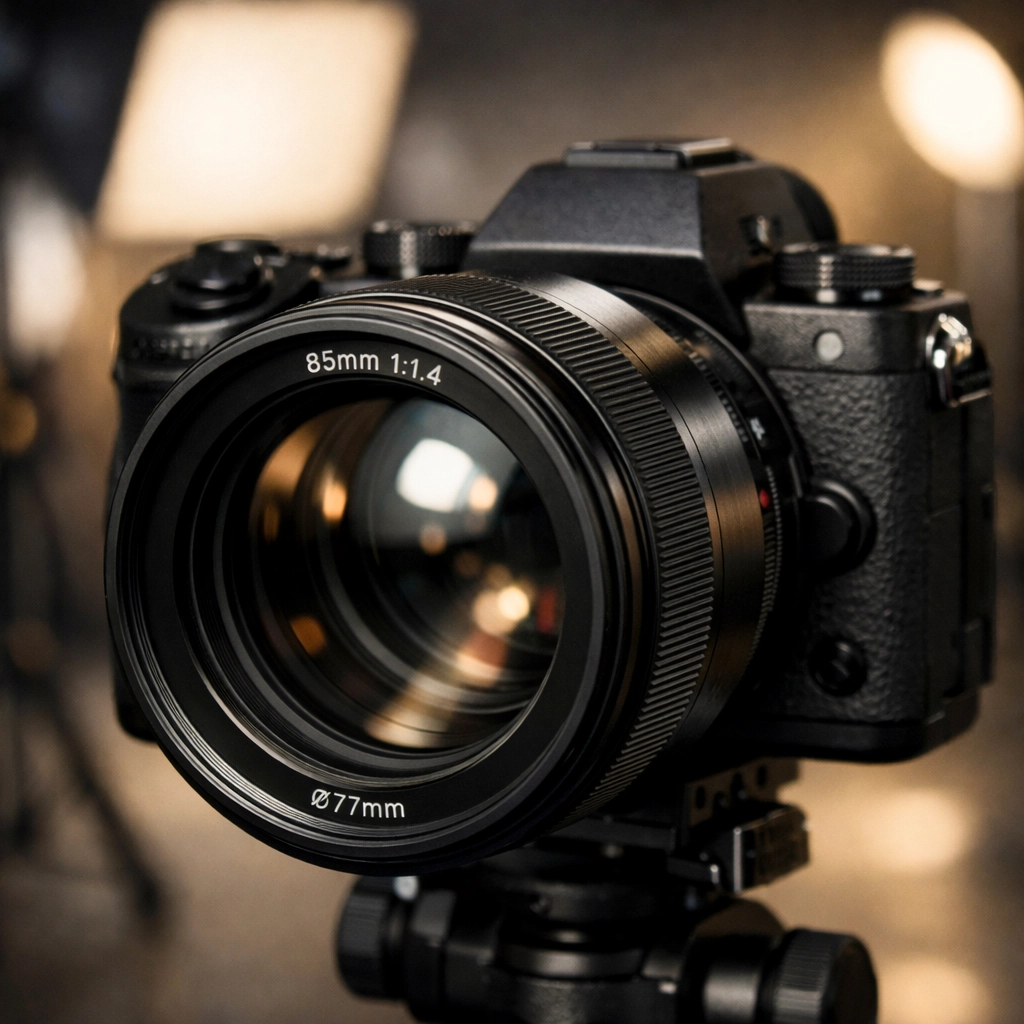 Professional mirrorless camera and 85mm prime lens showcasing essential portrait photography techniques gear.