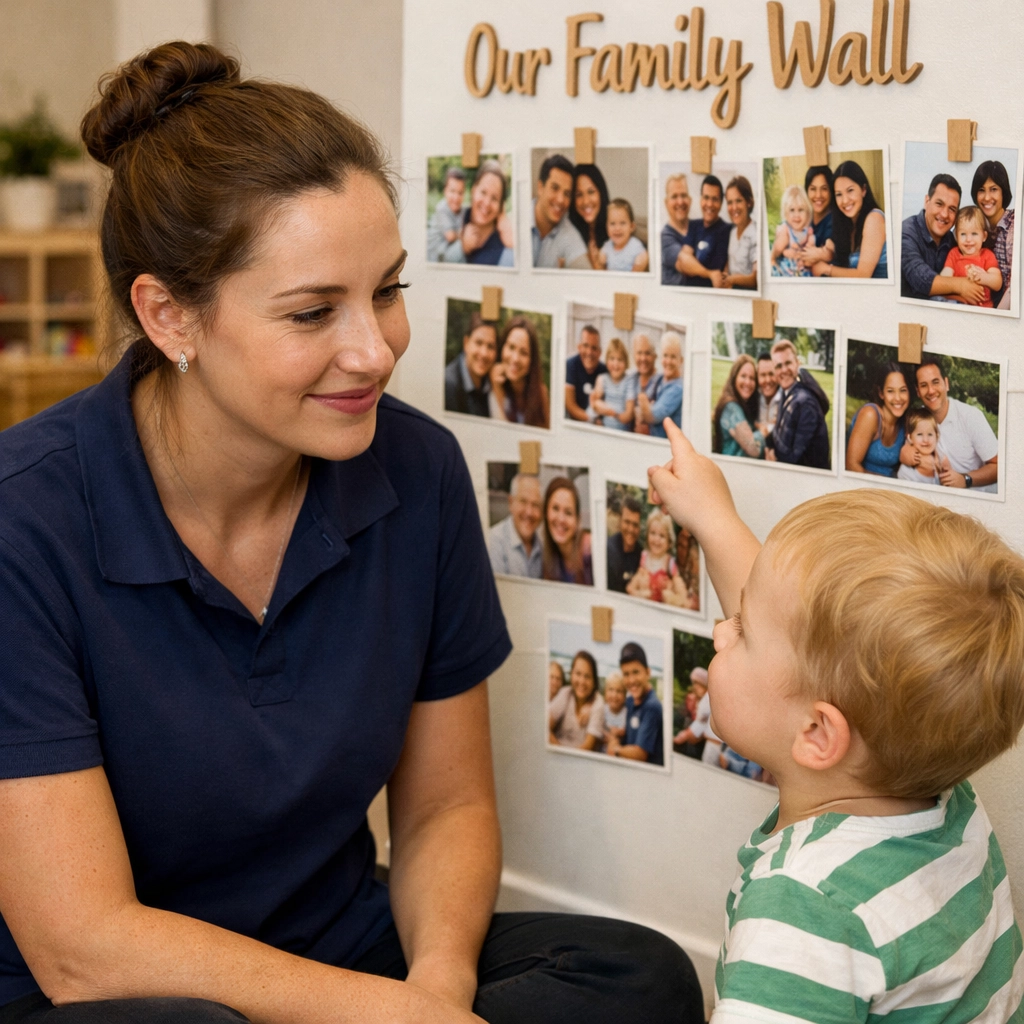 Early childhood educator and toddler looking at a diverse family photo wall in Liverpool