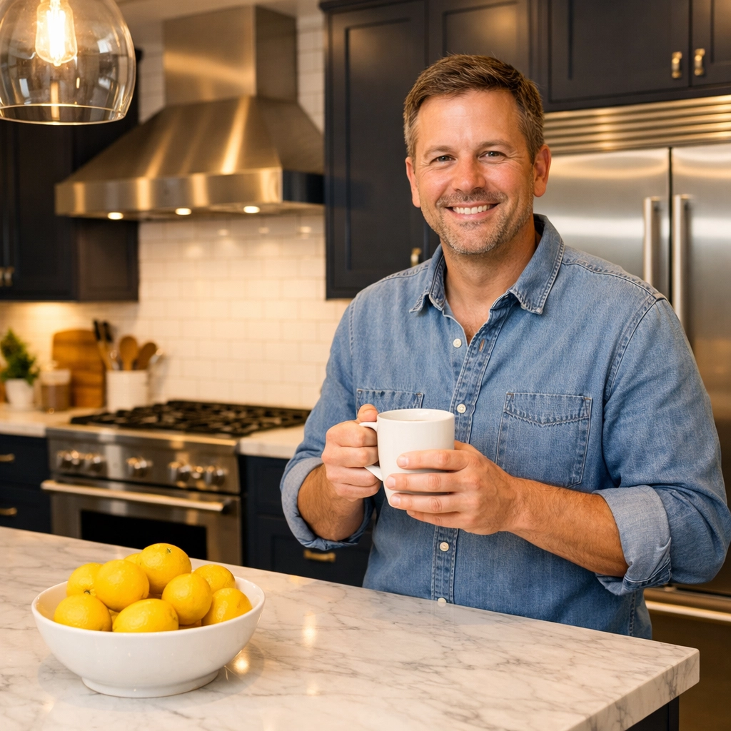 A smiling homeowner enjoying a clean, dust-free kitchen in Lowell after professional cleaning.