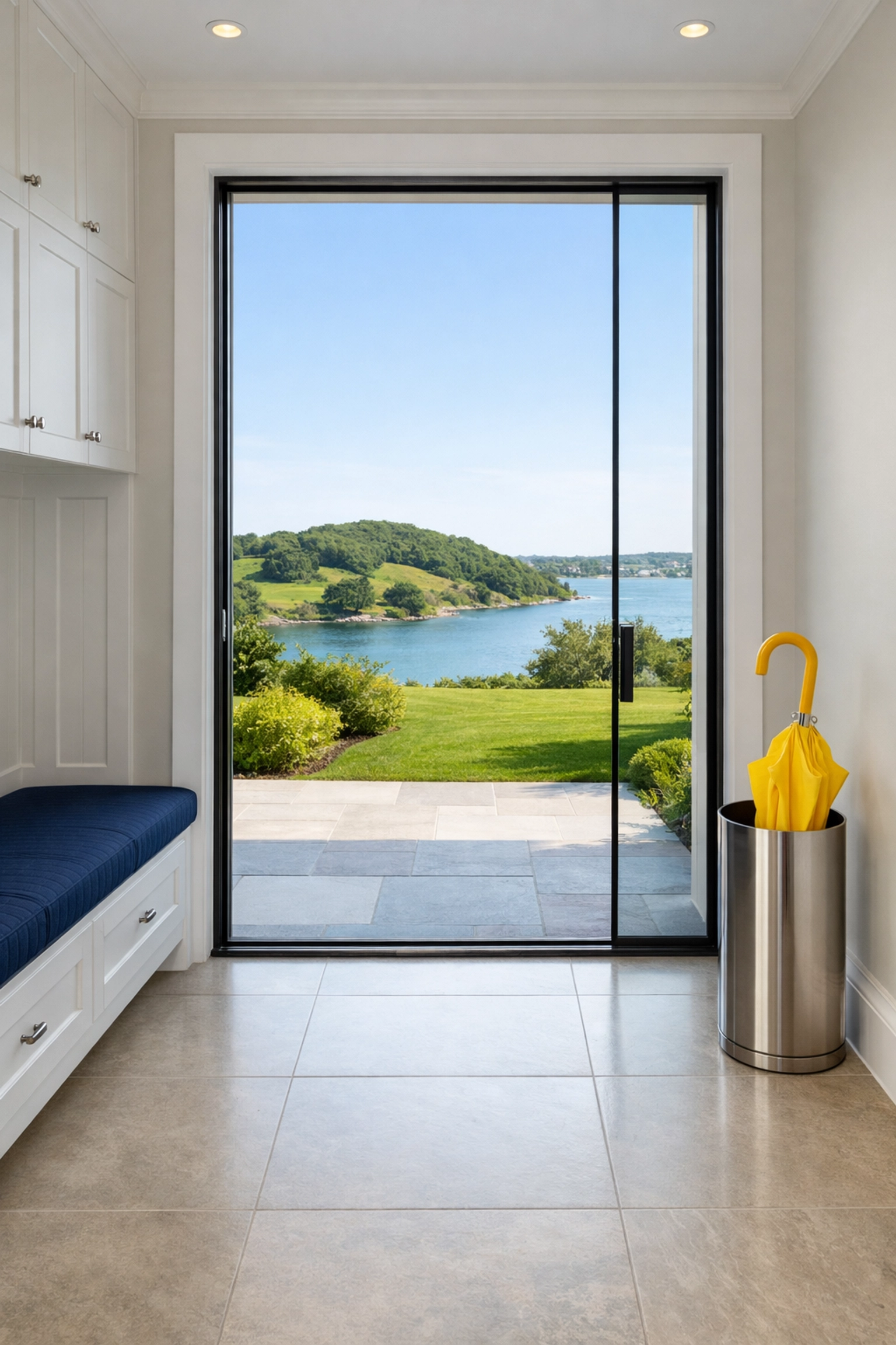 Organized luxury Hingham home entryway with a scenic view of World’s End and coastal waters.