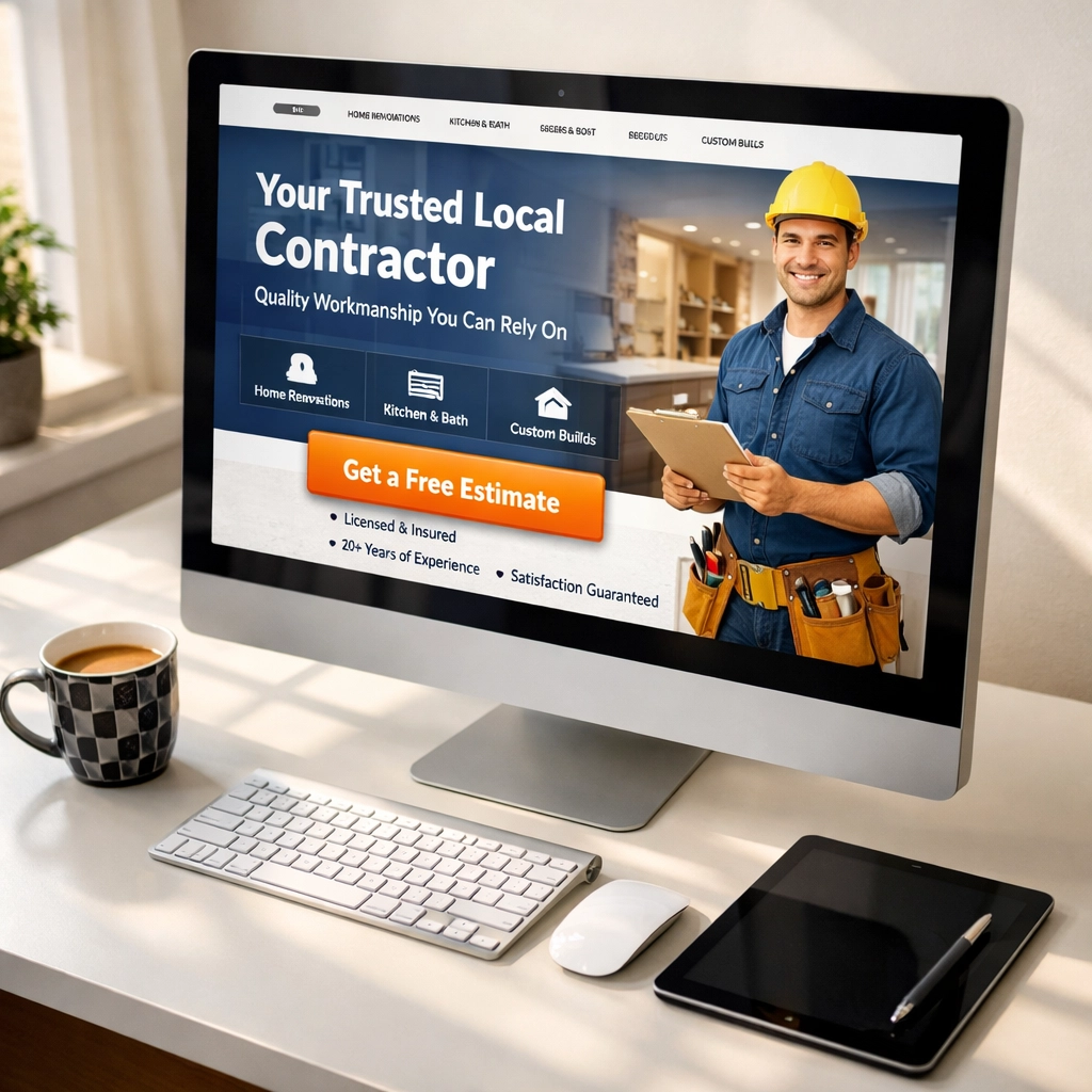 Modern workspace showing a professional website with a clear call-to-action button for leads.