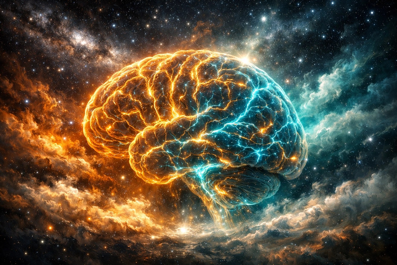 Visionary anatomical brain merging with a cosmic nebula, showing the link between nervous system health and potential.