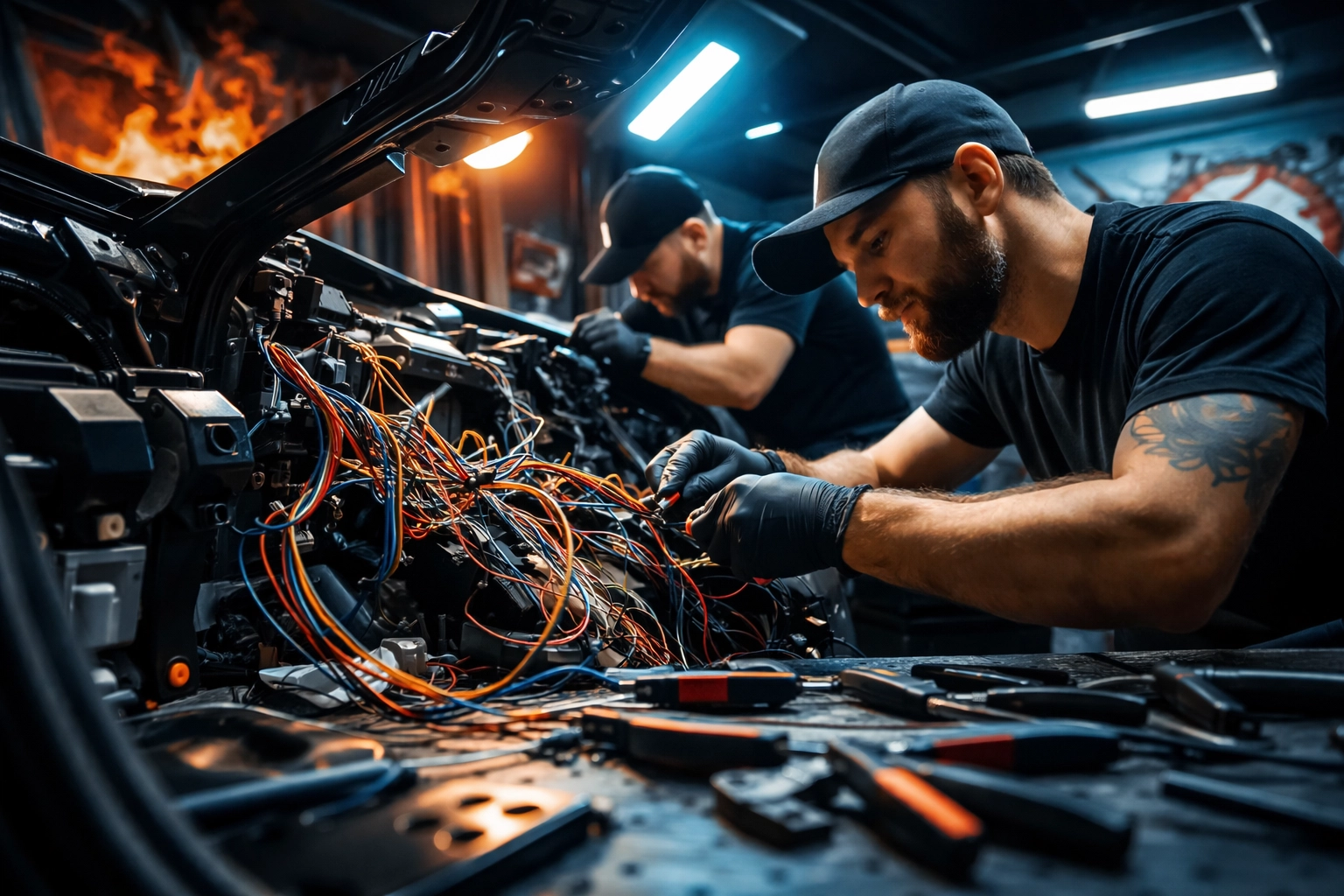 Technicians installing remote car starter wiring in an urban garage, showcasing professional remote start installation services.