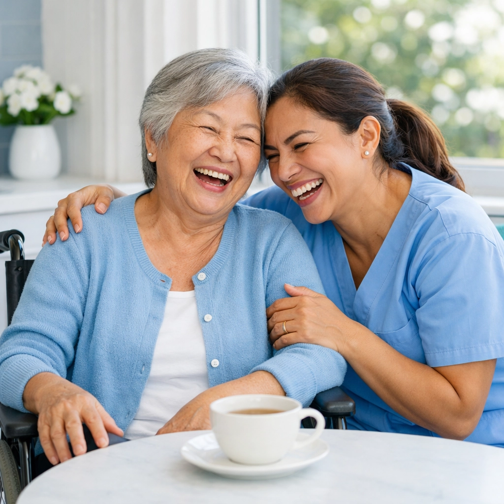 Senior woman and caregiver laughing together in a sunny kitchen, highlighting companion care services.