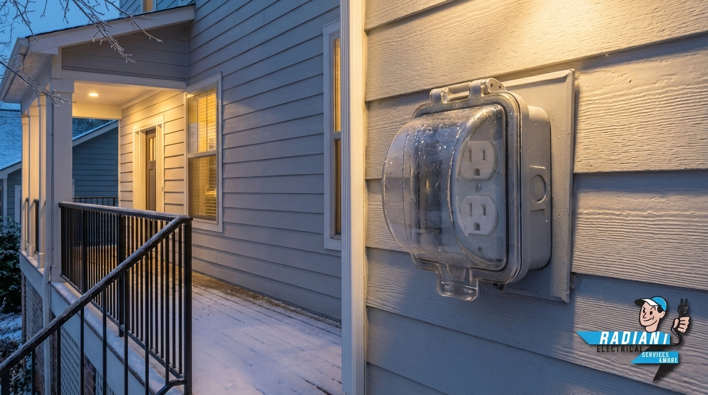 Weatherproof outdoor electrical outlet on modern Metro Atlanta home exterior during icy winter evening