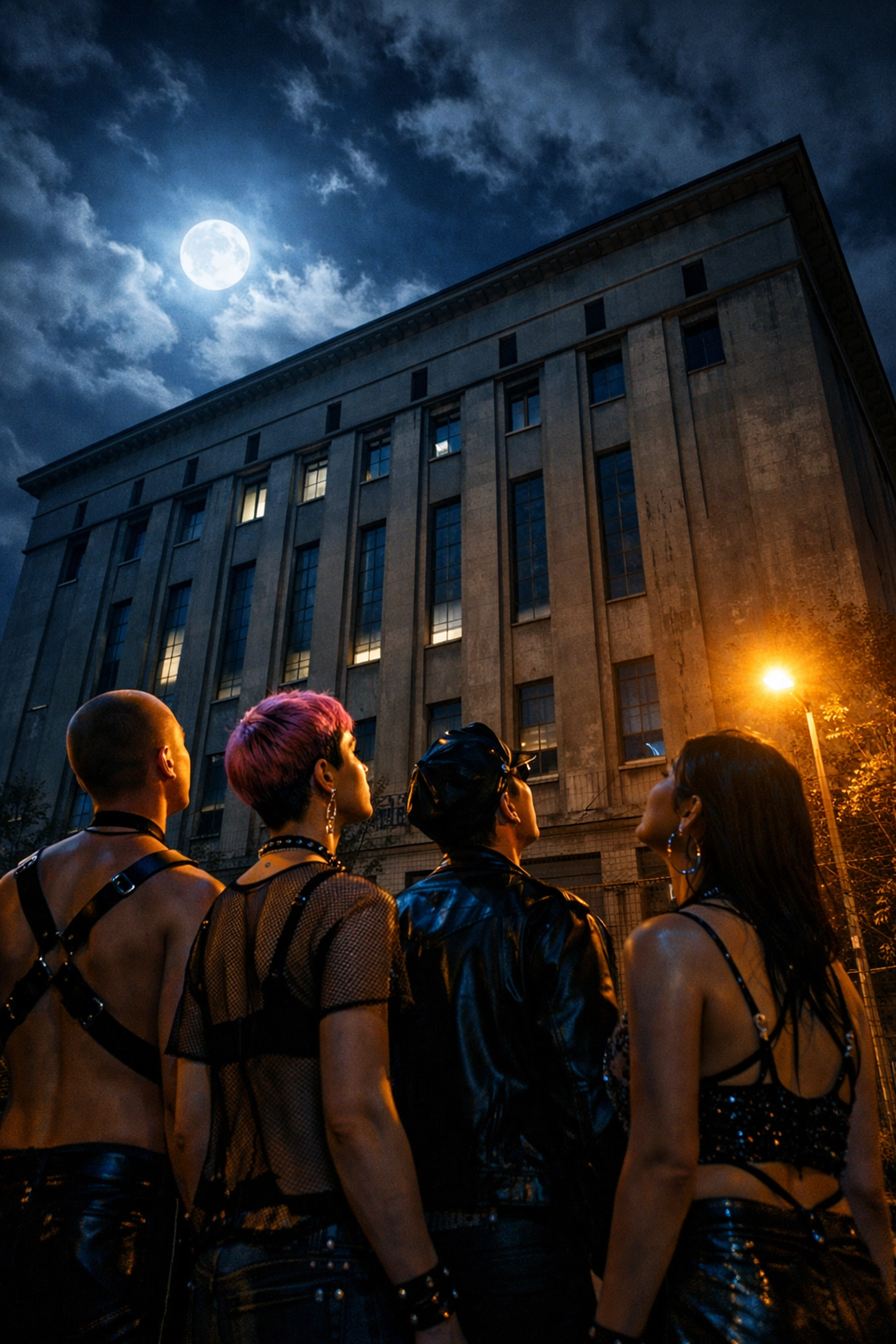 LGBTQ+ clubgoers outside iconic Berghain nightclub in Berlin at night