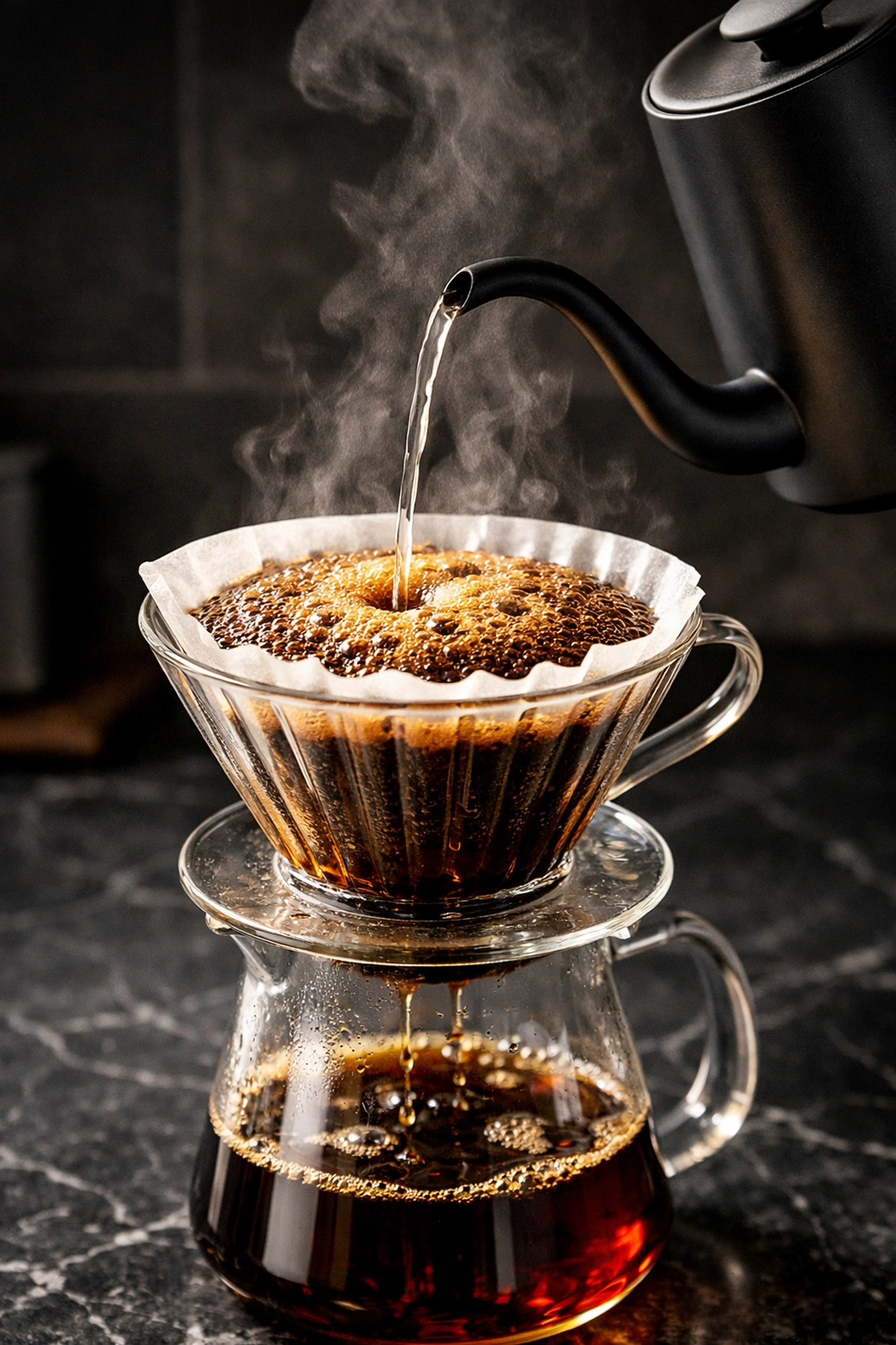 Close-up of fresh coffee grounds blooming in a pour-over dripper during a precision home brewing session.