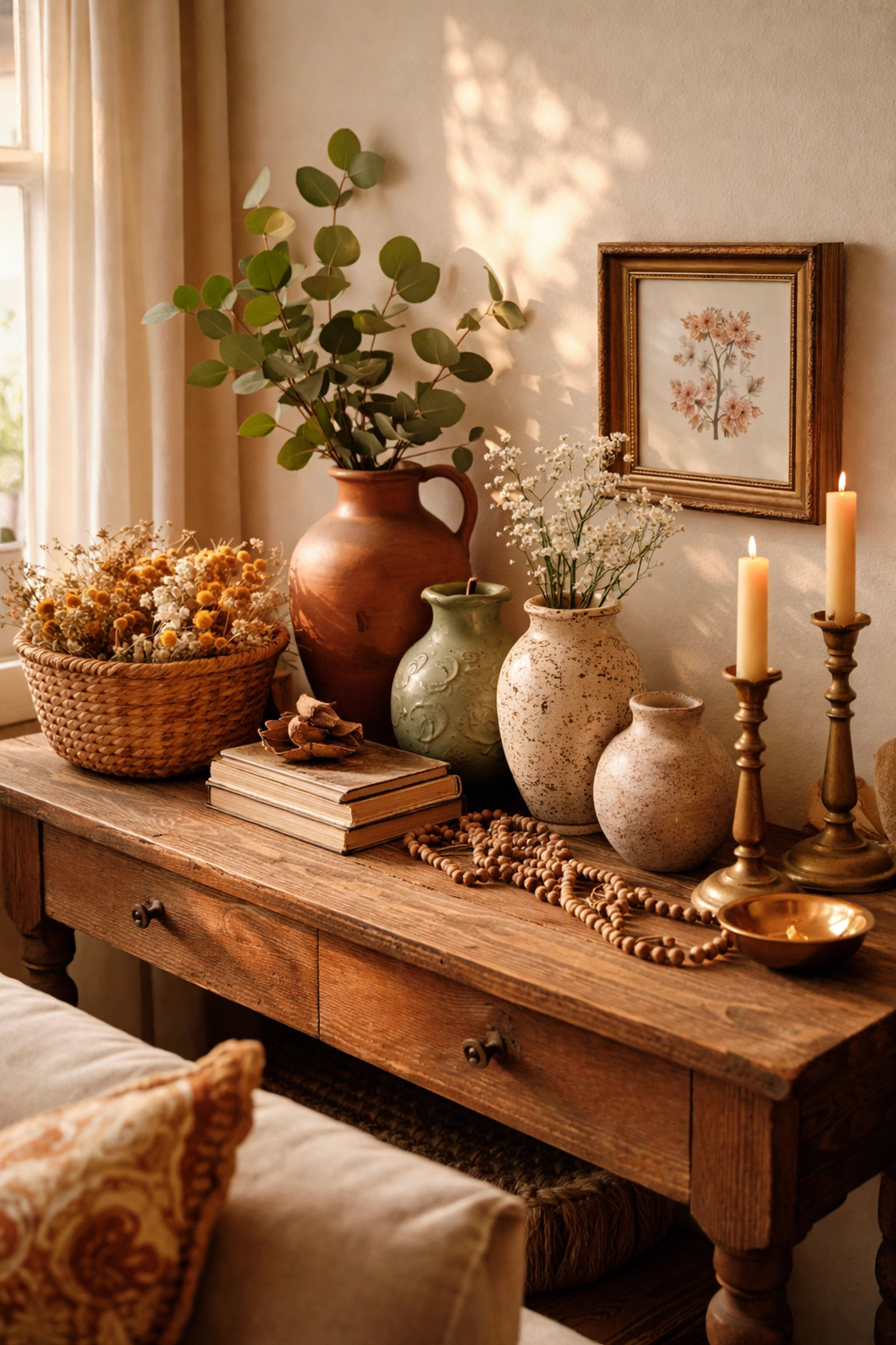 Cozy living room corner displaying vintage vases and baskets in a warm maximalist decor arrangement