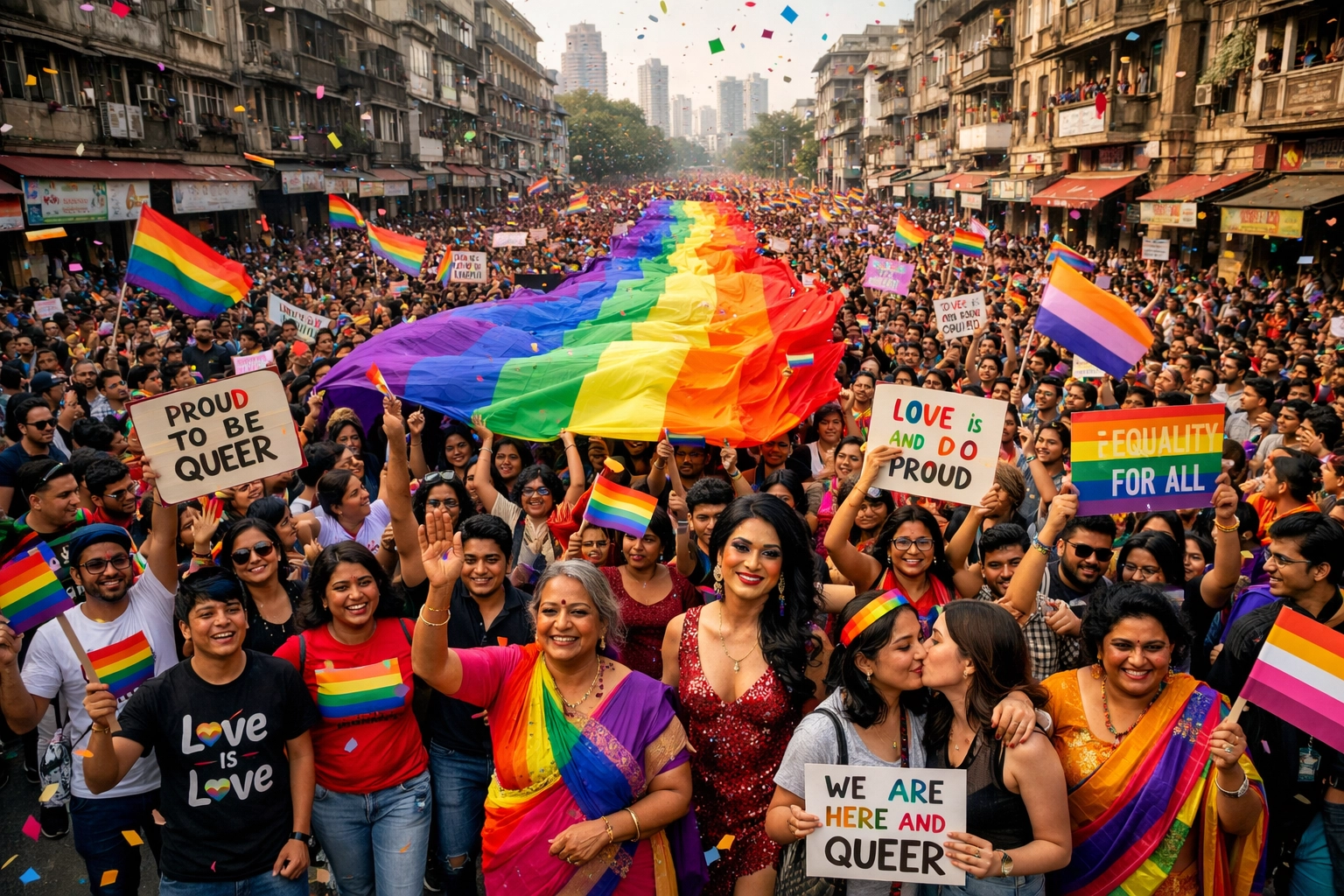 Mumbai Queer Pride march with thousands of LGBTQ+ participants carrying rainbow flags