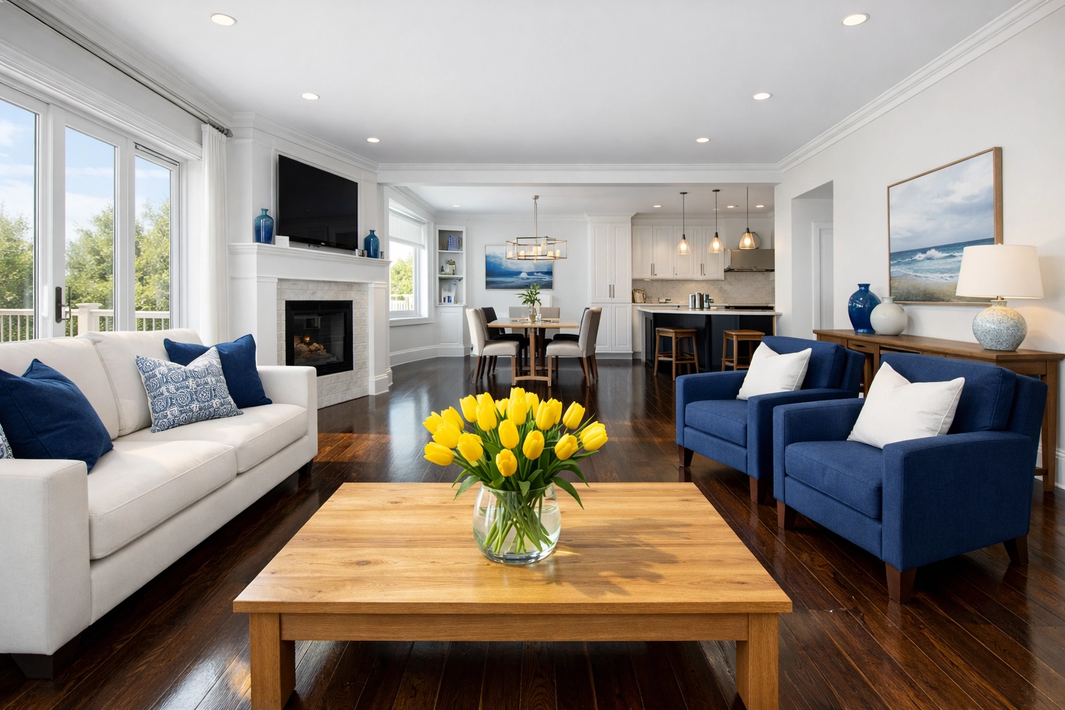 Sun-drenched luxury living room in Stow, MA featuring perfectly clean surfaces after a professional deep cleaning.