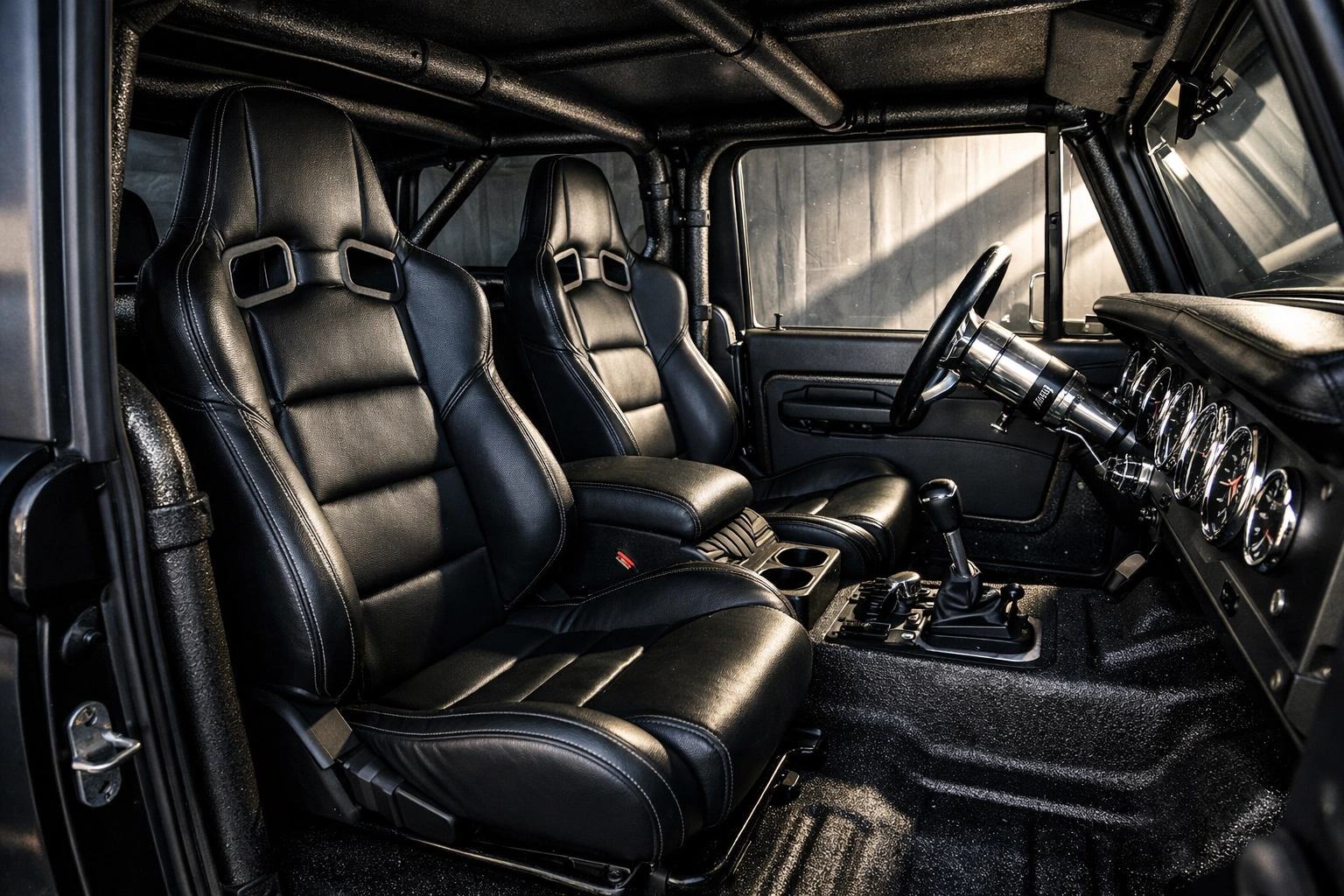 Modernized Early Ford Bronco interior with high-back racing seats and a family-style roll cage.