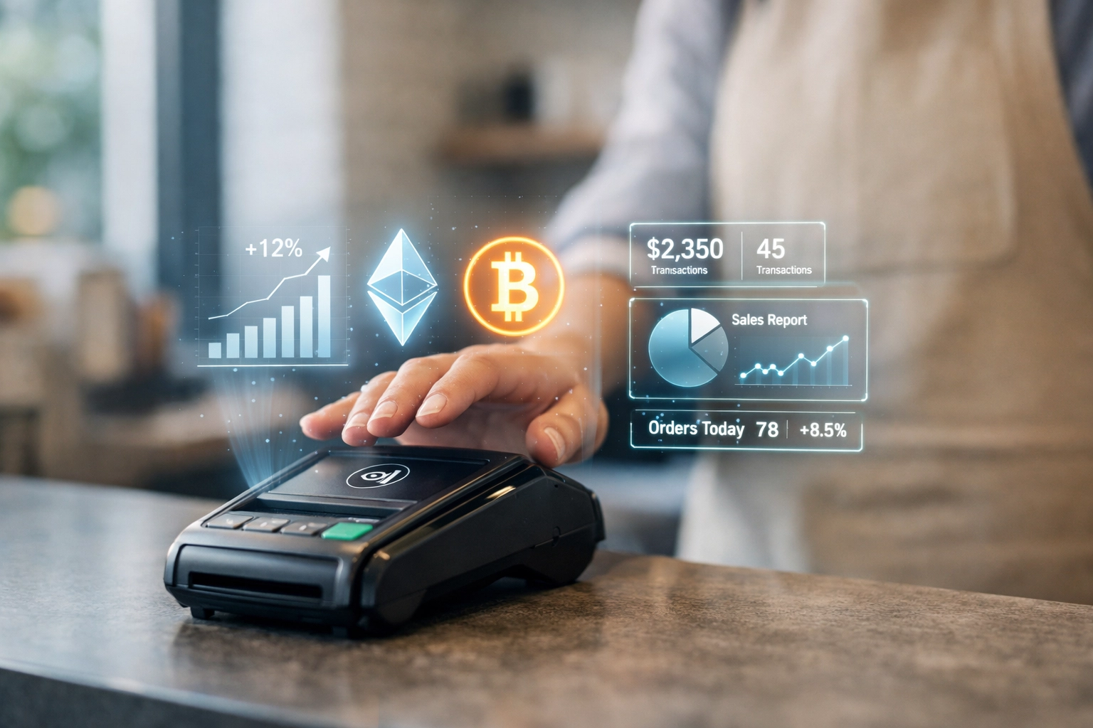 Contactless crypto POS terminal processing cryptocurrency payments with real-time analytics dashboard