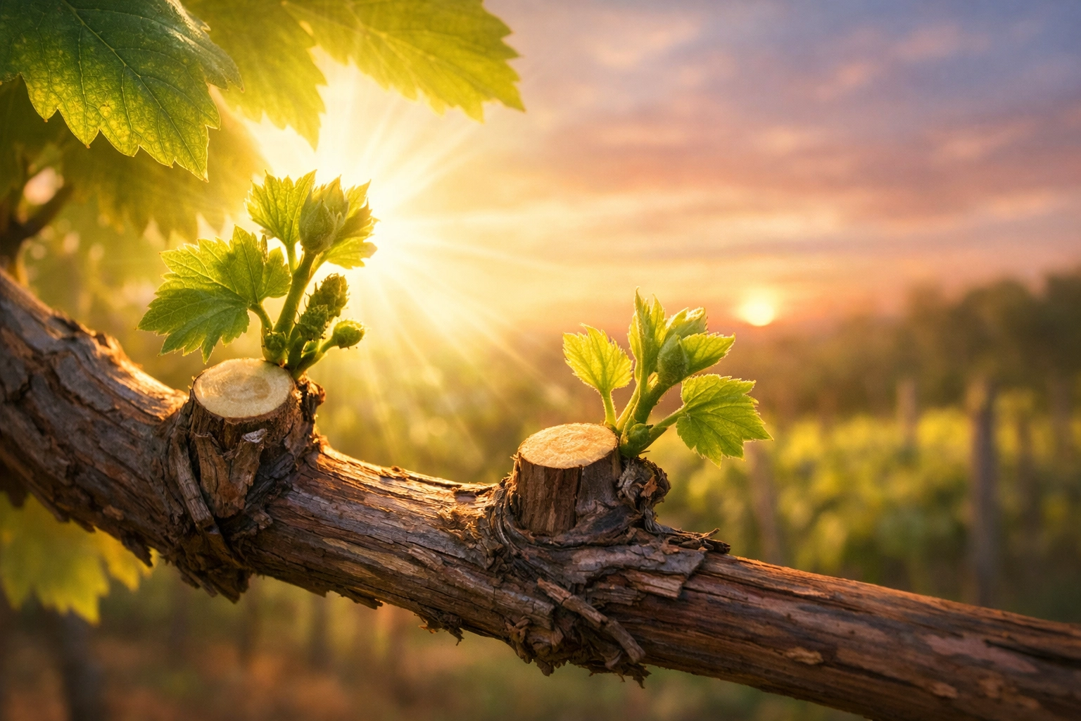 Close-up of a pruned grapevine with new green shoots, symbolizing spiritual growth and church health.