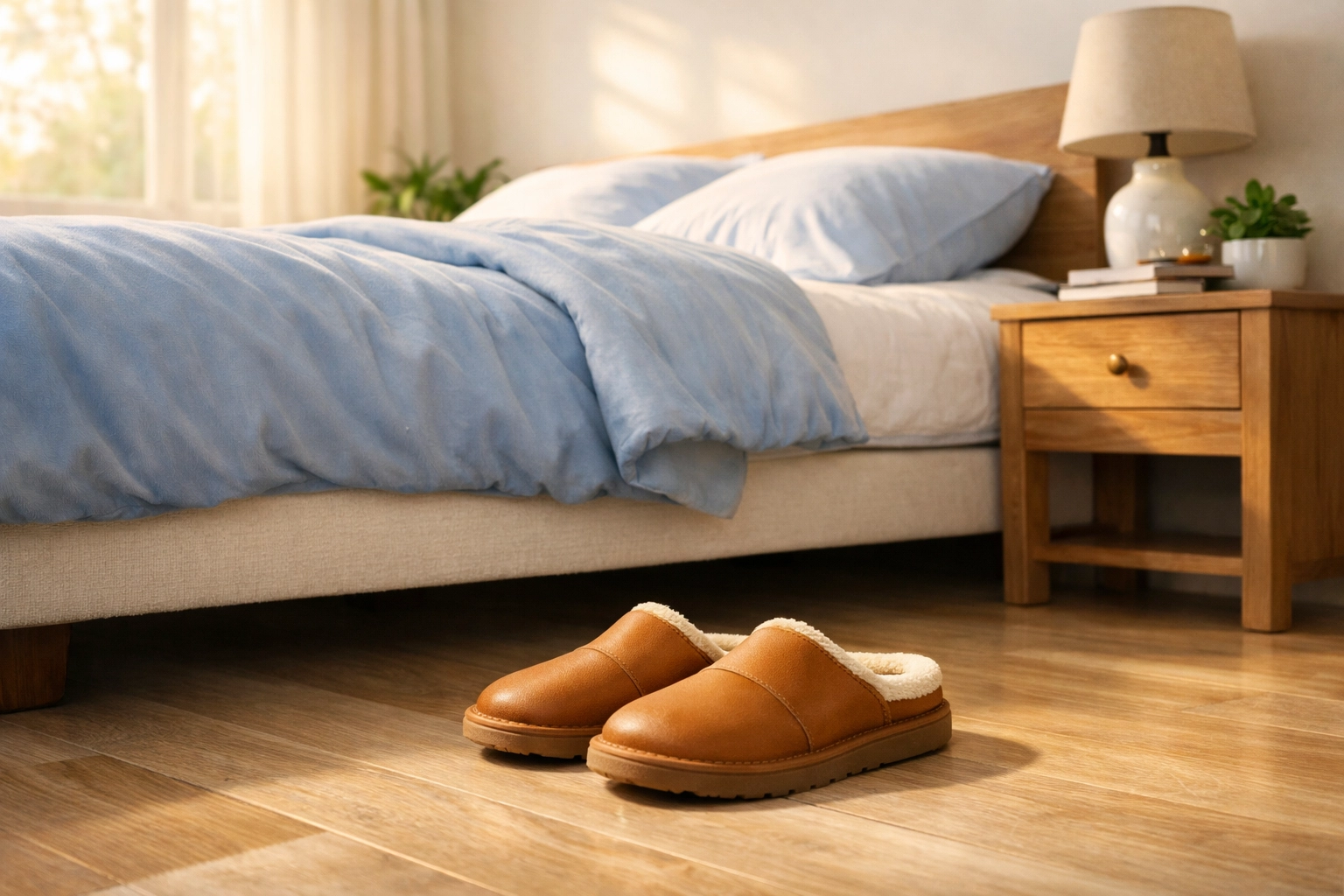 Bedroom with a bed at a safe height and sturdy, non-slip slippers to help seniors prevent falls.