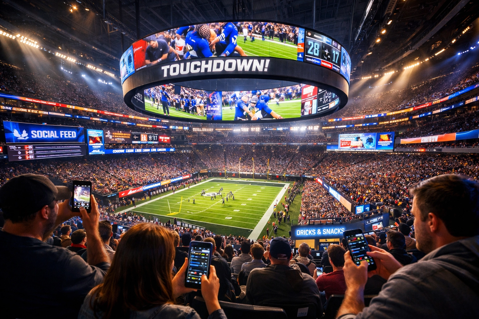 Modern sports venue with digital LED displays and fans using mobile devices during event