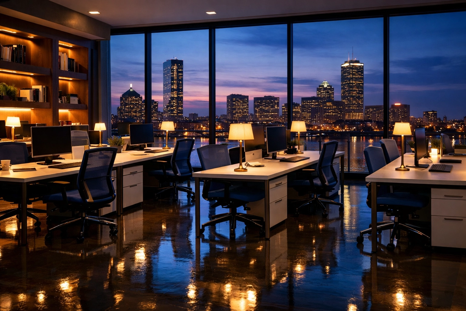 A pristine Massachusetts office at night following a professional after-hours commercial cleaning session.