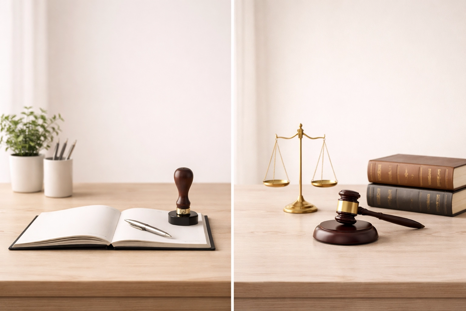 Side-by-side workspaces of a notary and an attorney, highlighting their distinct professional roles.