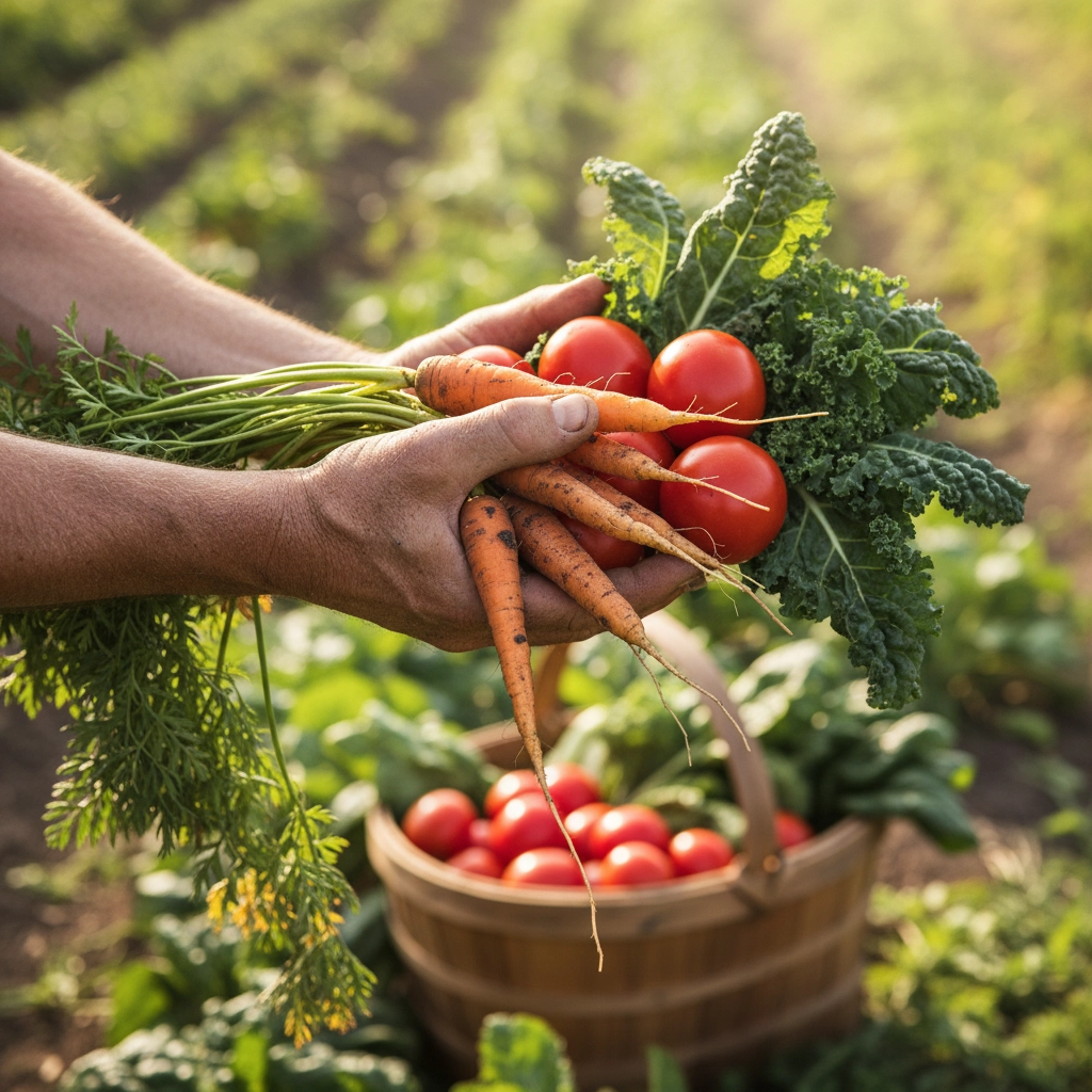Hands holding carrots, tomatoes, and kale, with a basket of tomatoes in a sunny garden. Green foliage in the background. Fresh harvest mood.