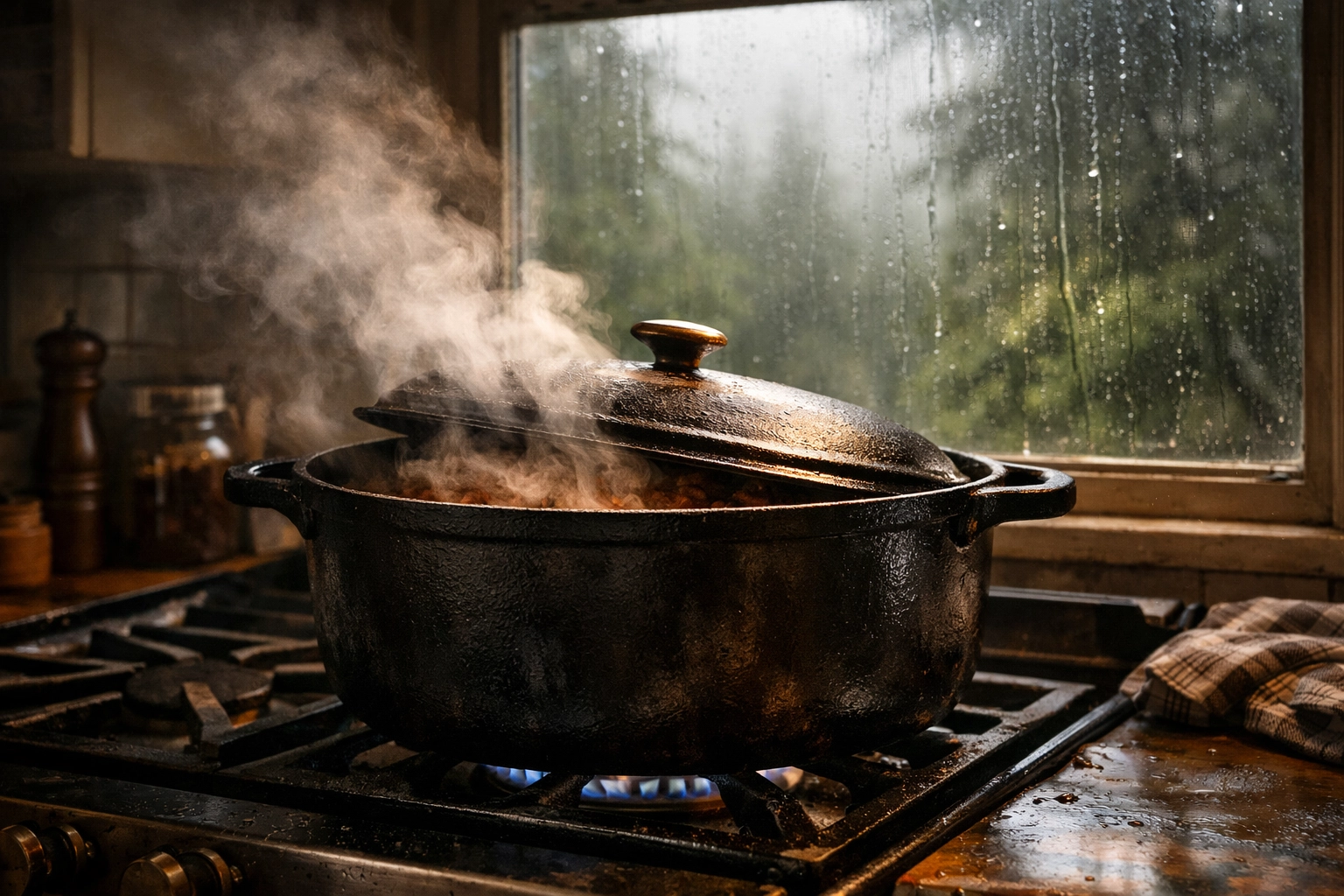 A Dutch oven simmering on the stove inside a cozy kitchen overlooking rainy Pacific Northwest woods.