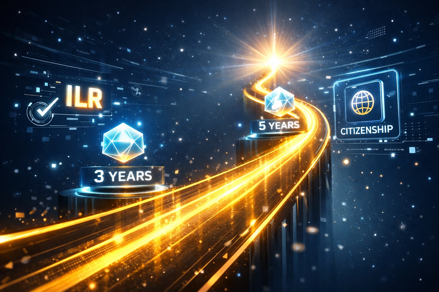 Timeline showing UK visa settlement pathway from 3 to 5 years to permanent residence