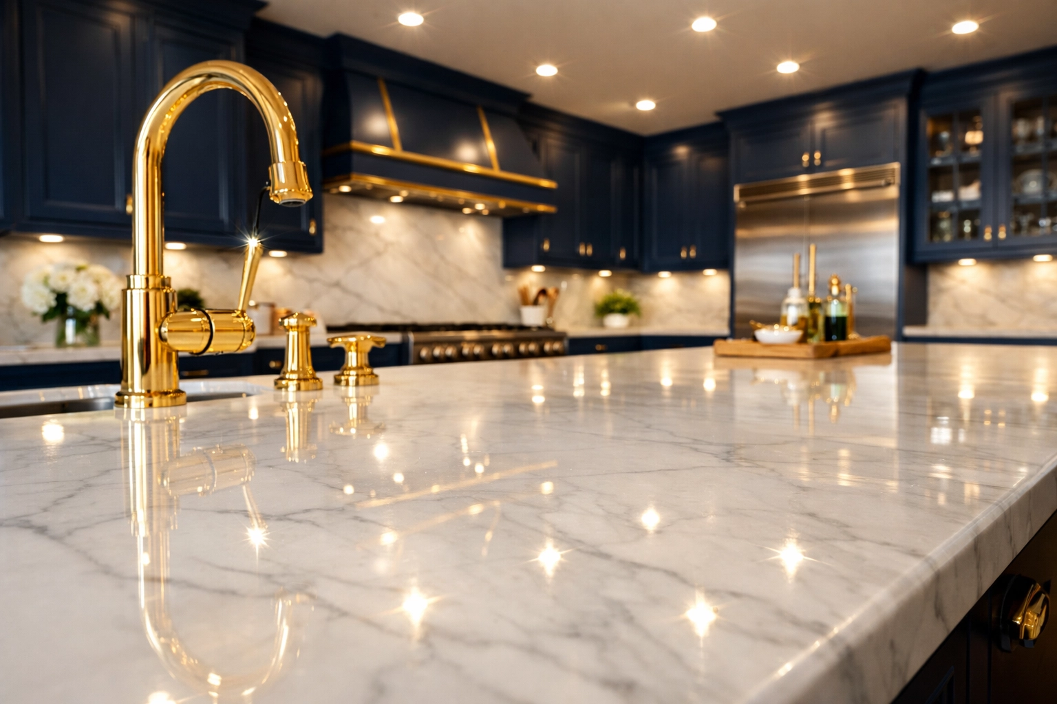 A spotless luxury kitchen after deep cleaning services in Lowell with sparkling marble surfaces.