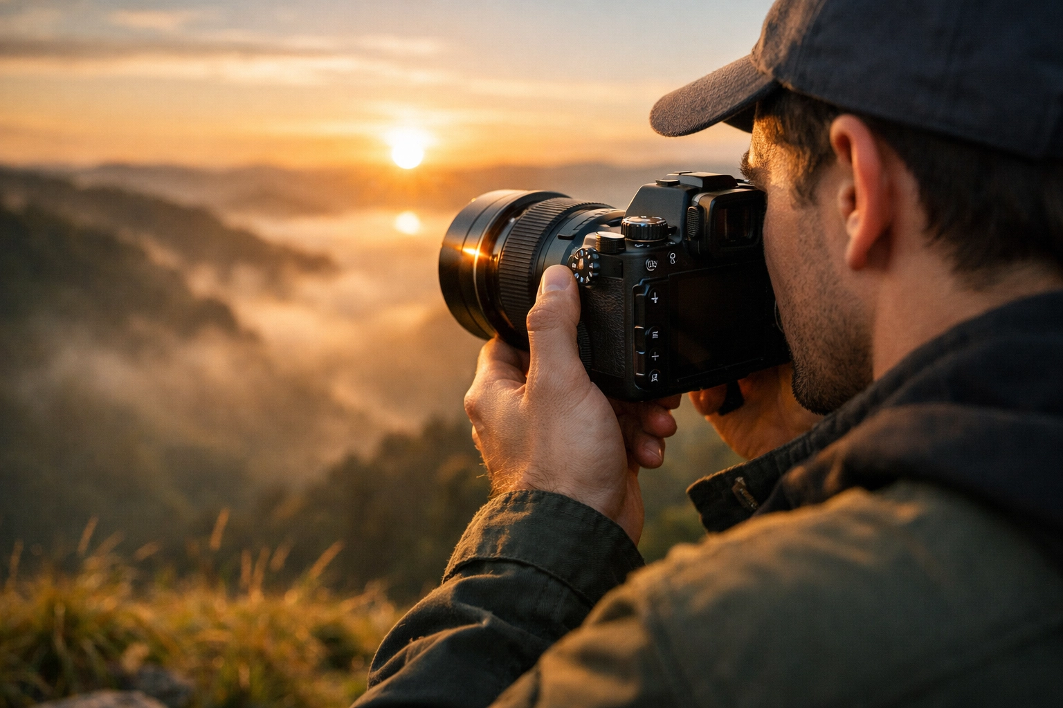 Photography for beginners: person learning how to use manual mode camera during a golden hour sunset.