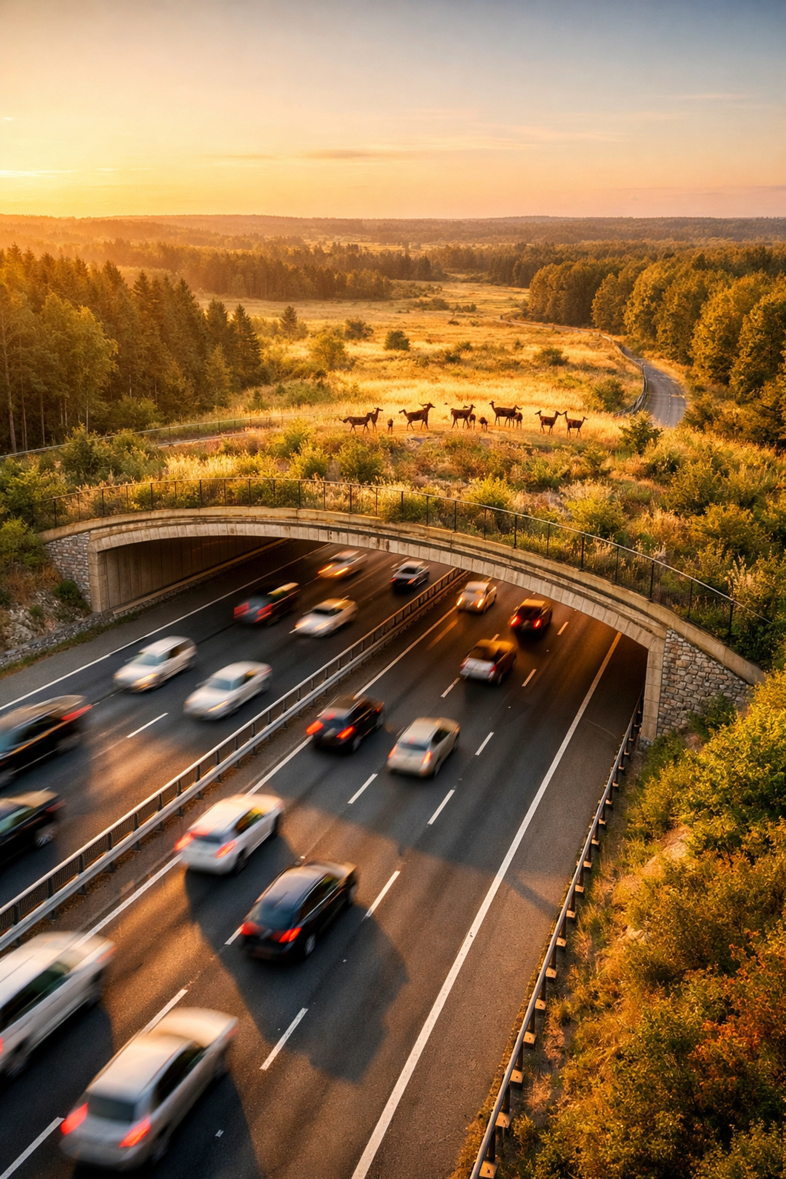 Wildlife corridor bridge over highway connecting natural habitats for animal migration