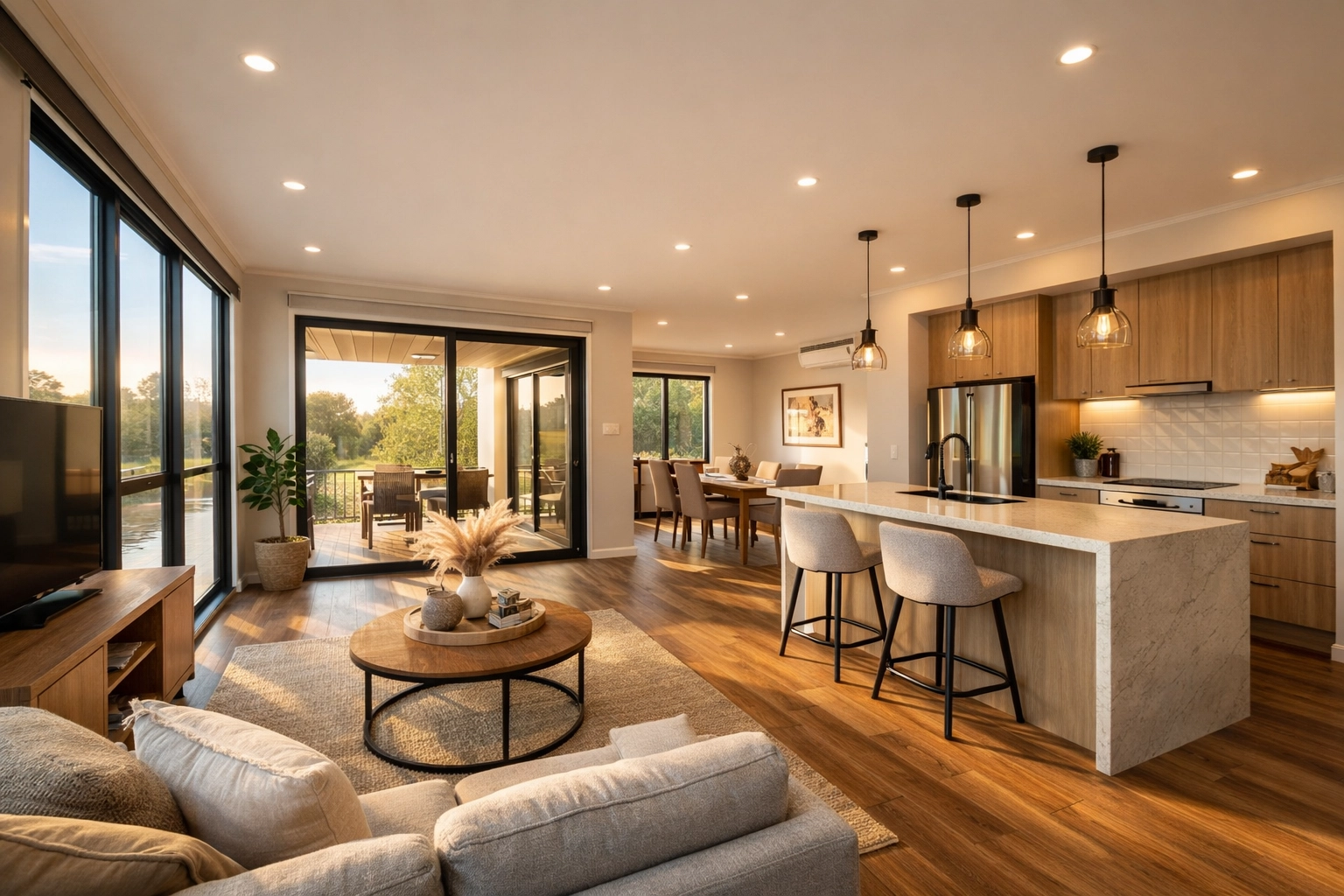 Modern modular home interior featuring premium finishes and high ceilings