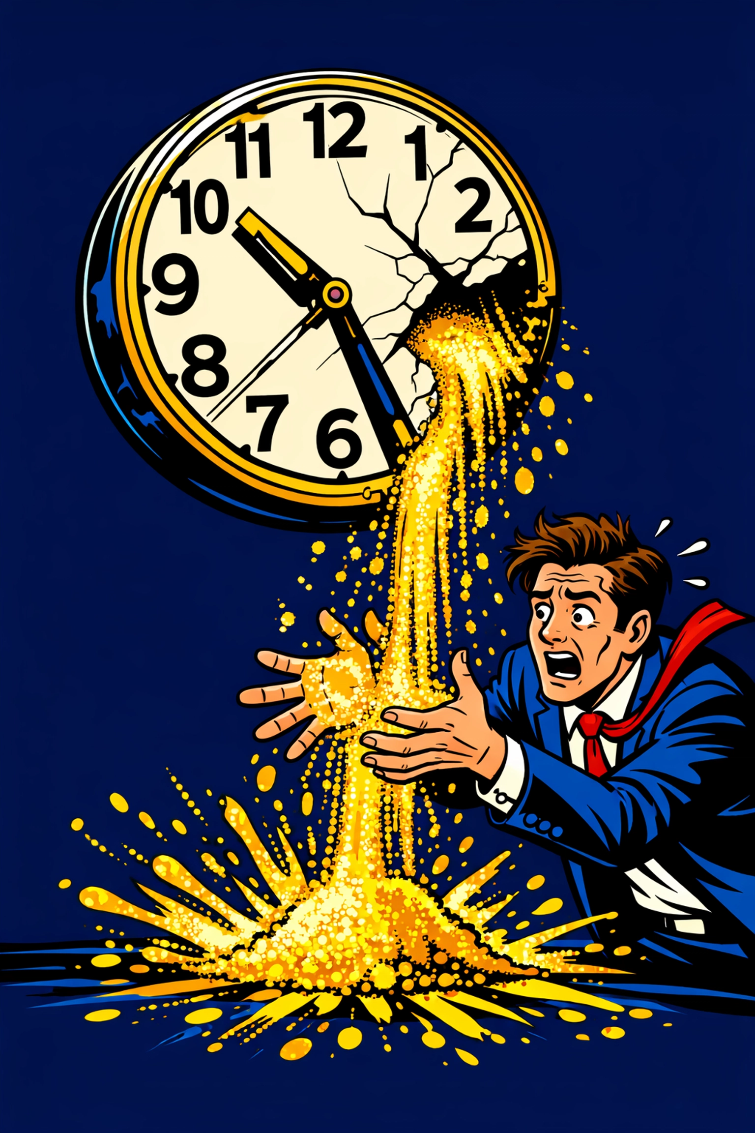 A busy founder trying to save time leaking from a cracked clock, showing the need to automate admin tasks.